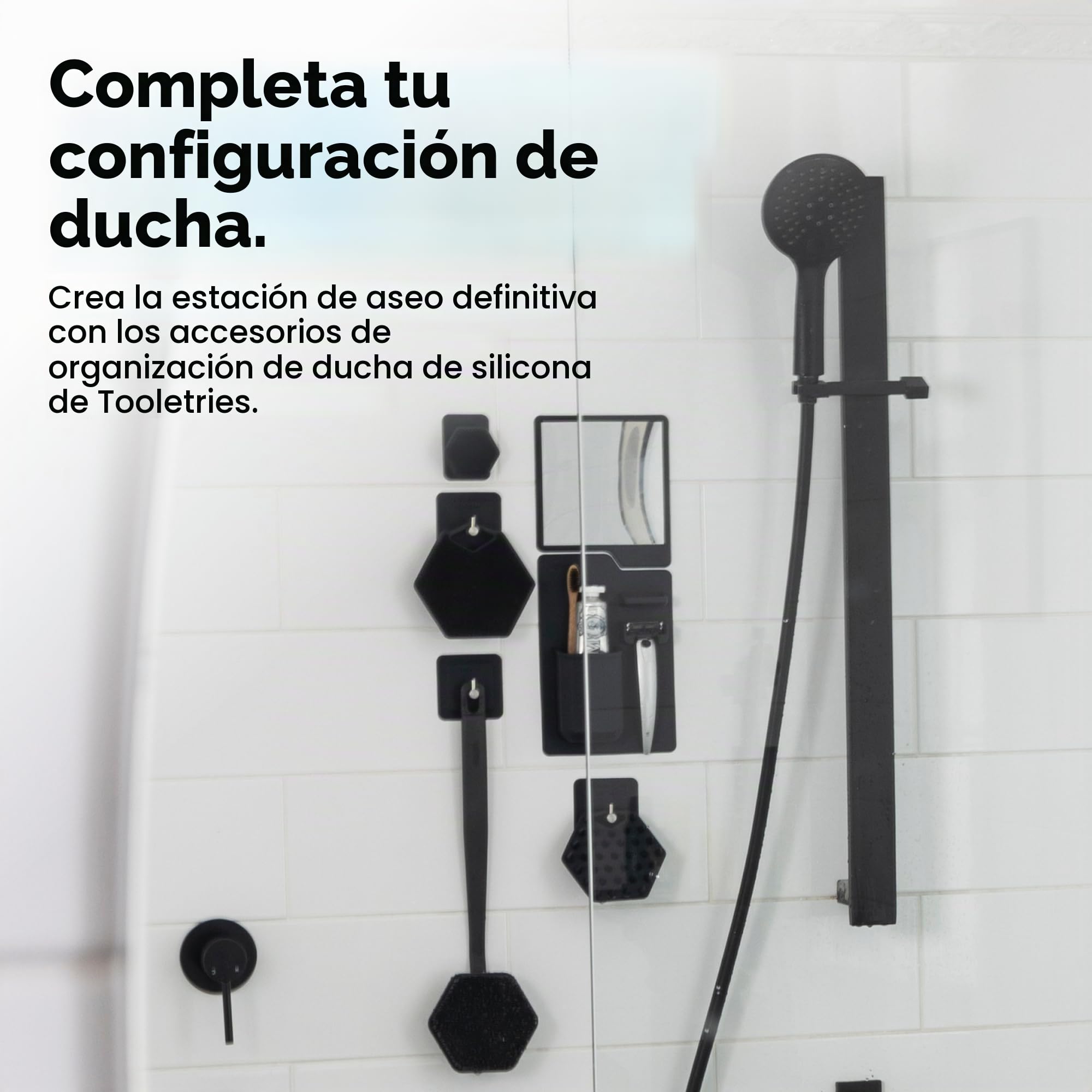 TOOLETRIES - The Harvey & Oliver Set- Soporte para cepillo de dientes y maquinilla de afeitar y espejo resistente a la niebla - Accesorio de ducha y baño de silicona - Cuenta con tecnología de agarre