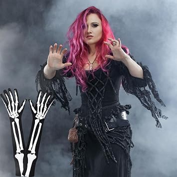 JOVITEC 2 Pairs Skeleton Skull Gloves Long Arm Full Finger Skull Bone Gloves for Halloween Cosplay Parties(Classic Style)