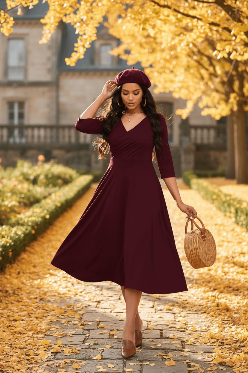 Nmoder Women's Casual Wrap Flared Midi Dress Wedding Guest Cocktail Tea Dresses A-Line Swing V-Neck 3/4 Sleeve - Image 3