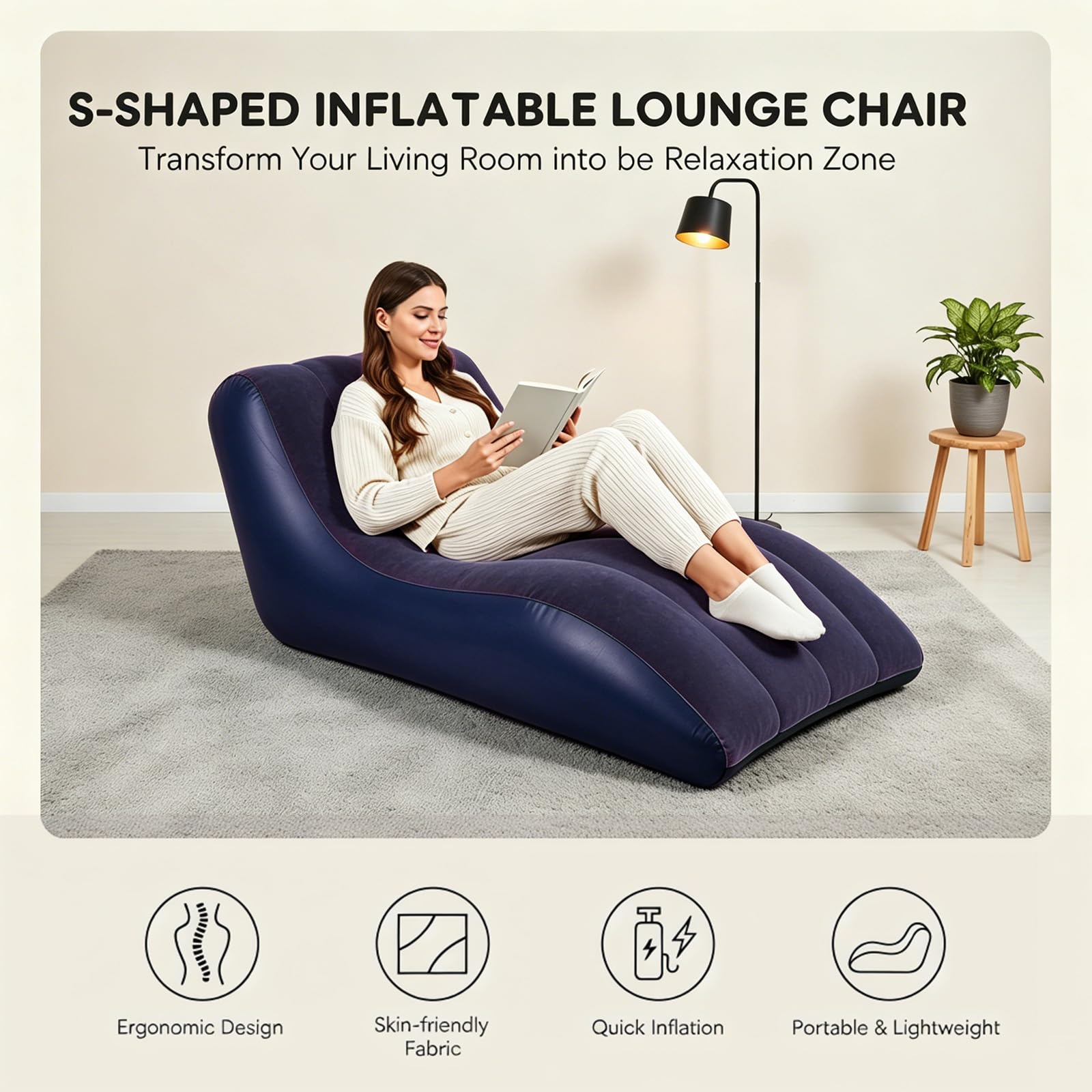 Sofá hinchable, sofá hinchable con bomba de pie, sofá de camping portátil, superficie flocada, sofá impermeable hinchable para exteriores, interior, piscina (azul)