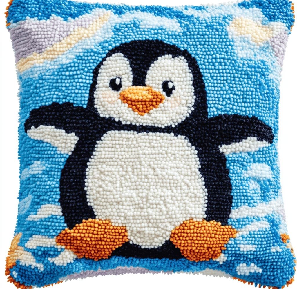 Kitquiver Latch Hook Kits Penguin for Adults,Beginners DIY Latch Hook Cushion Kits and Latch Rug Kits Cross-Stitch Embroidery Cushion Cover for Home Sofa Decoration 17X17 in