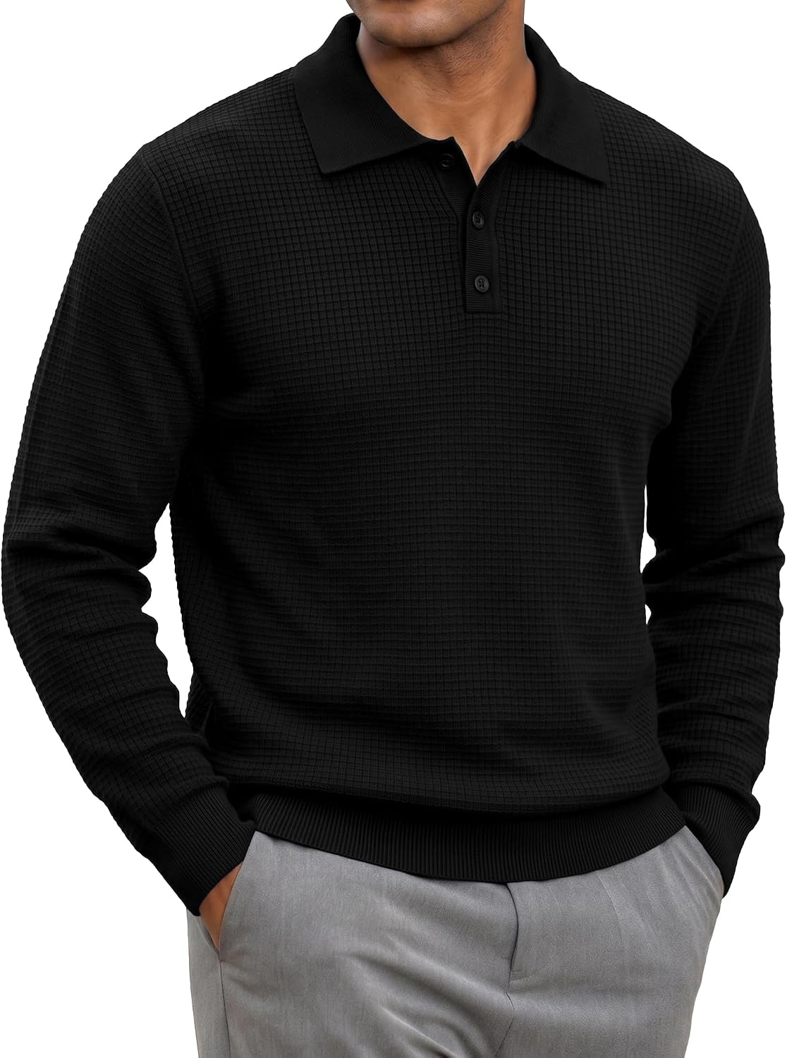JMIERR Mens Waffle Knit Sweaters Textured Long Sleeve Collared Dress Polo Sweater Pullover
