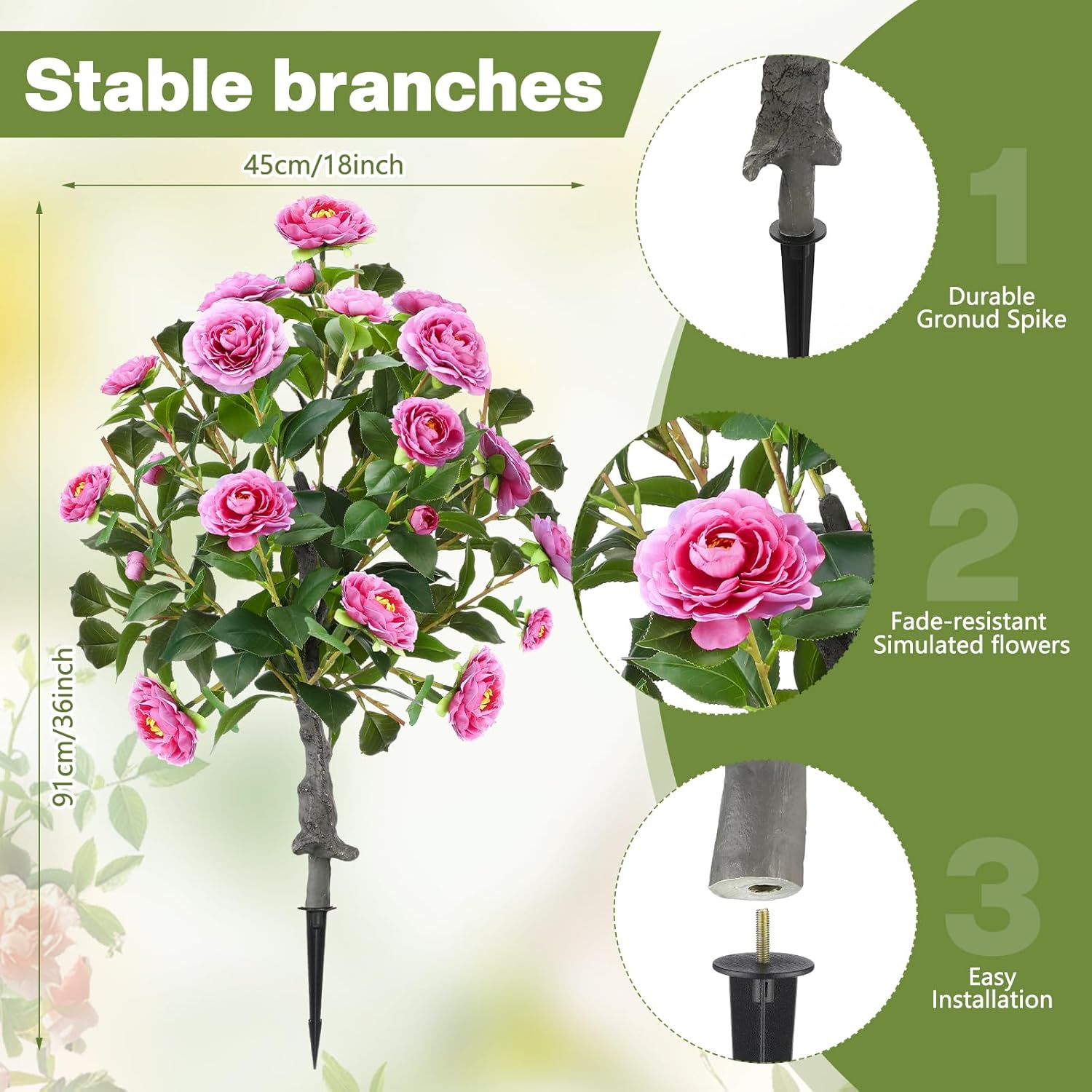 lunmon 2 pack 3ft artificial camellia plants tree 36" faux camellia flower with spike uv resistant realistic fake floral blooming bush for indoor outdoor front door porch backyard garden, purple 3 ft purple 2