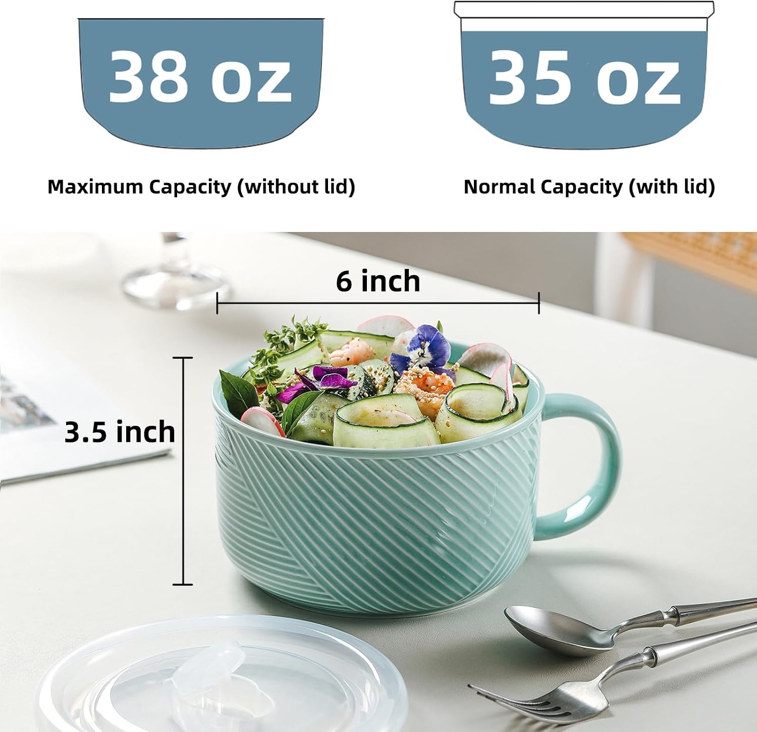 Oversized Soup Bowl with Handle, Microwave Safe 38 oz, Mint Green