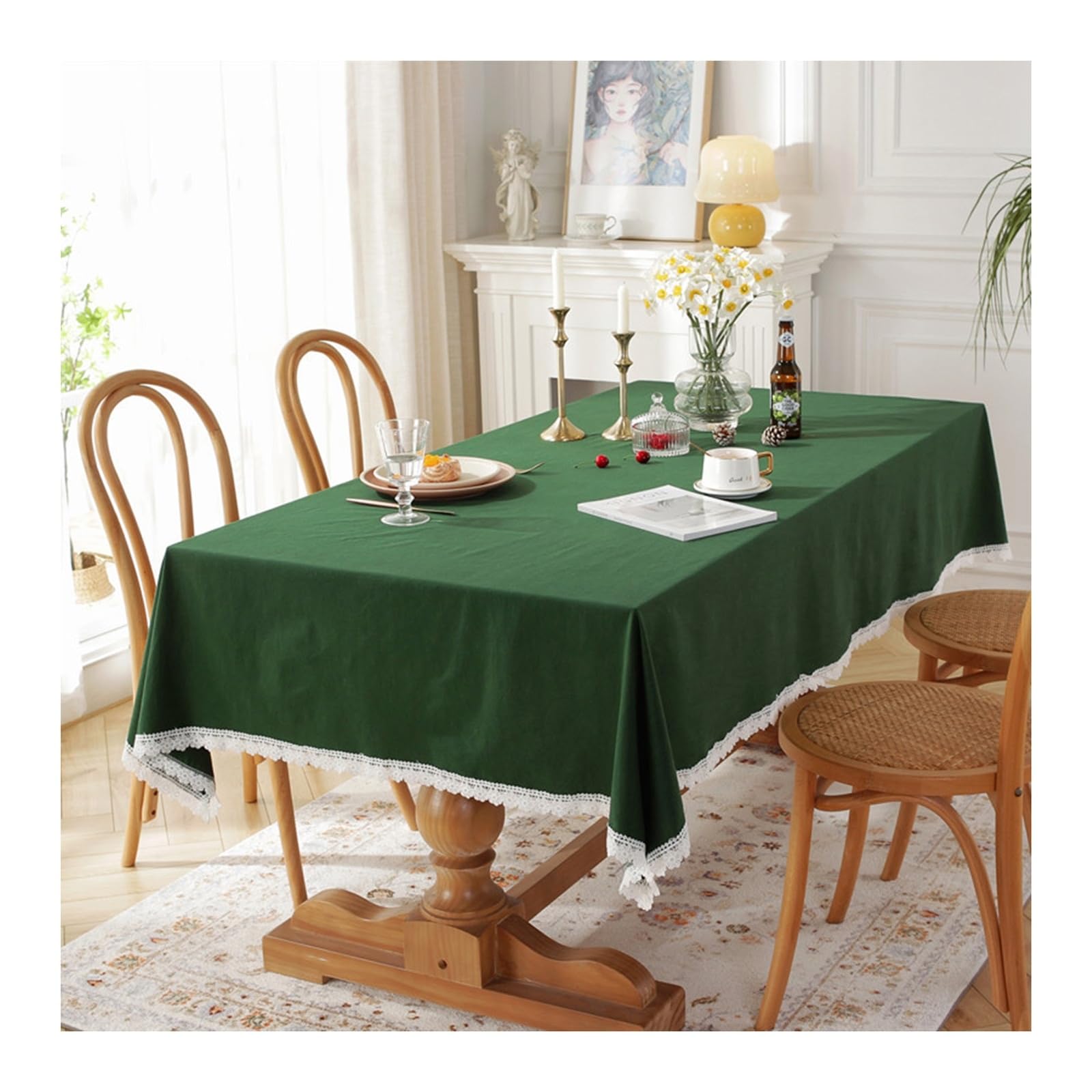 Nappe en dentelle vert 100x160 cm en coton pour des déjeuners de jardin bucoliques