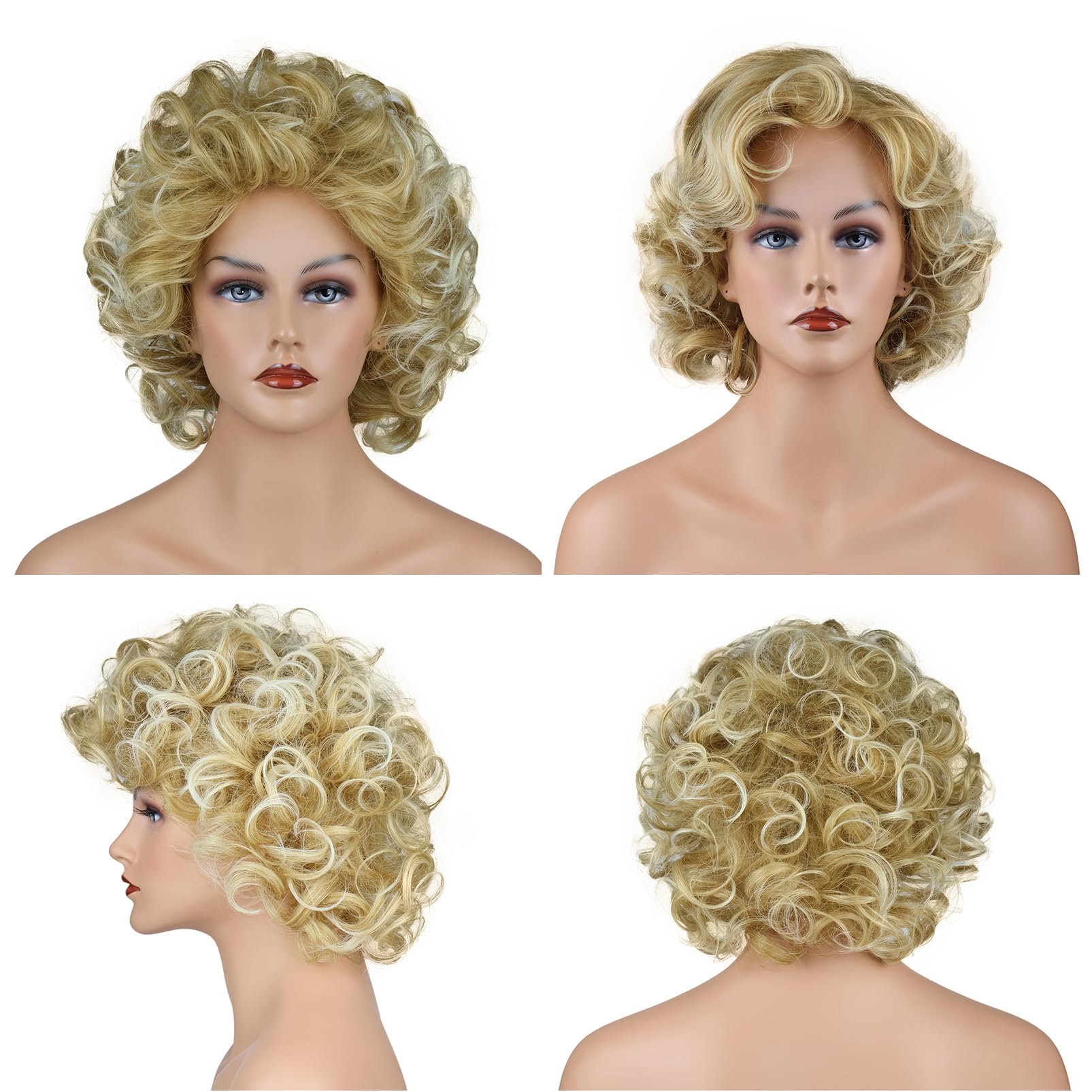 Short Curly Blonde Brown Mix Wigs,Wavy Natural Looking Synthetic Wig for Women Daily Halloween Cosplay Party Fashion Accessory Costume 8 Inches