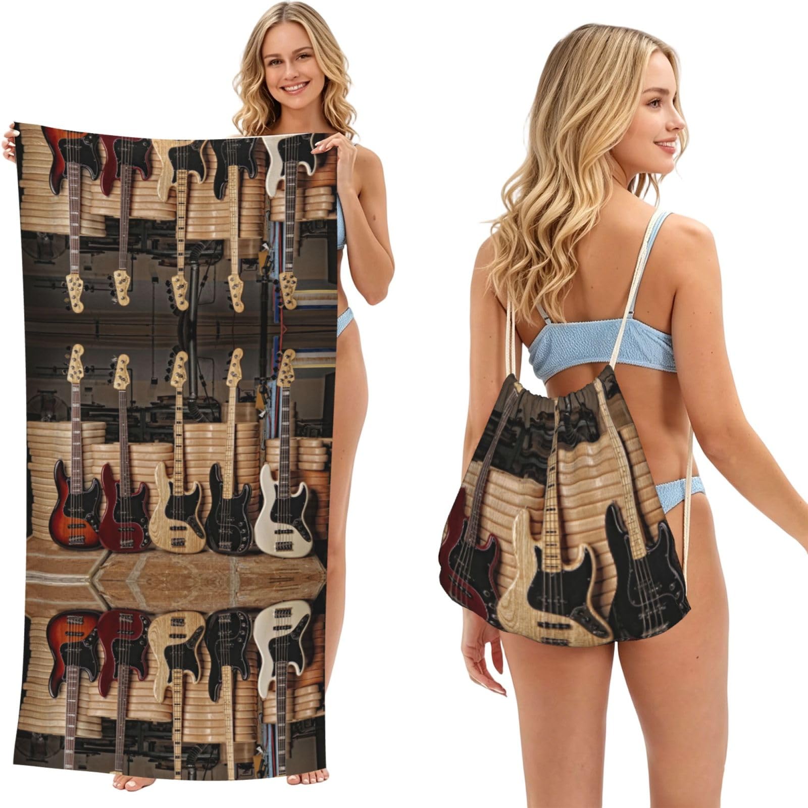 SATUSA Guitar Bass Music Musical Instruments Print 2-In-1 Foldable Beach Towel Backpack â€“ Camping, Yoga And Travel,Bath Towel With Built-In Storage, Convertible Beach Mat & Carry Bag