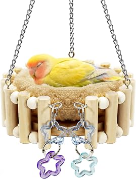 Wooden Bird Sleep Nest, Open Hammock with Toys for Small Birds
