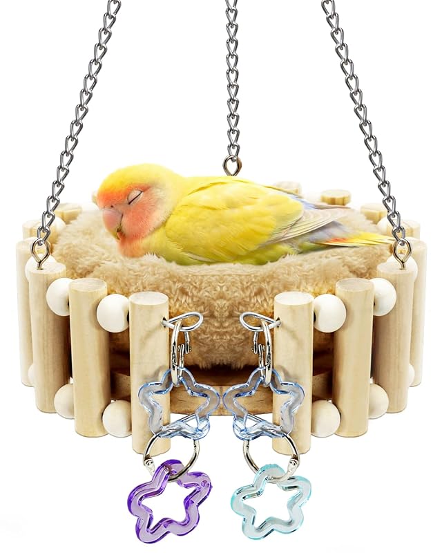 Ninho Aberto de Madeira com Almofada Removível e Brinquedos para Aves Pequenas TriGia Paws