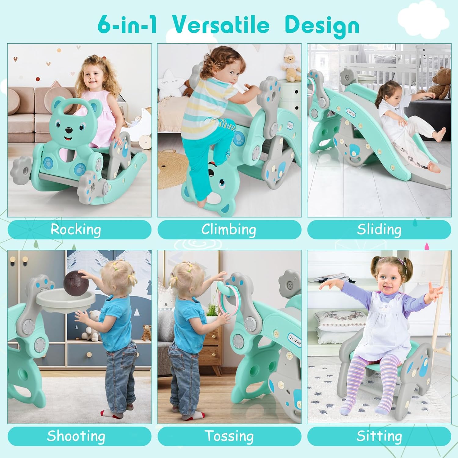 HONEY JOY Toddler Slide Rocking Toy, 6 in 1 Convertible Freestanding Slide for Kids w/Basketball Hoop/Ring Toss Game/Rocking Horse/Stool, Foldable Baby Climber Playground Slide for Indoors Outdoors