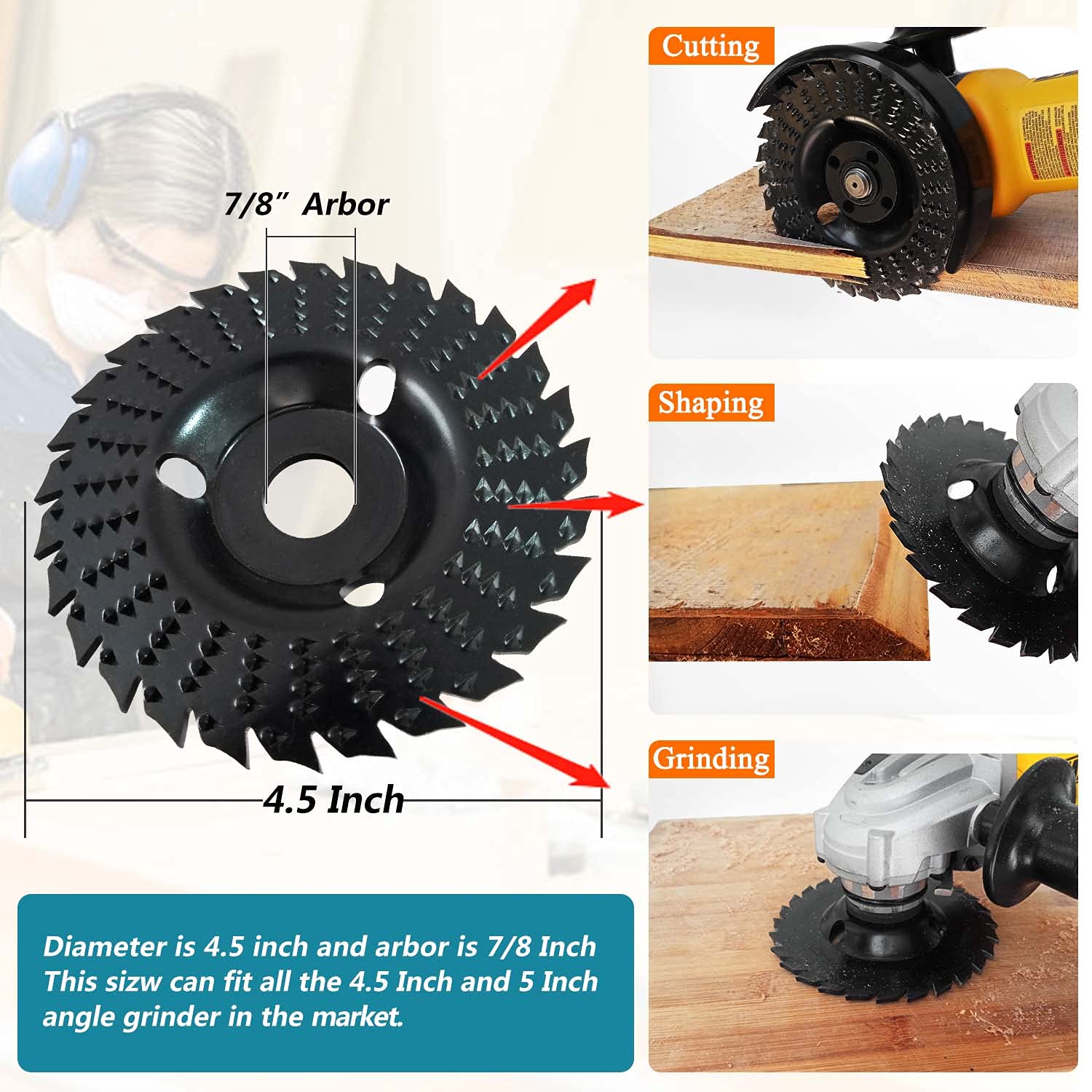 OBA Wood Carving Disc 4-1/2 Inch Wood Cutting Wheel 28-Tooth for Angle Grinder Wood Carving,Polishing,Carving with 7/8 inch Arbor