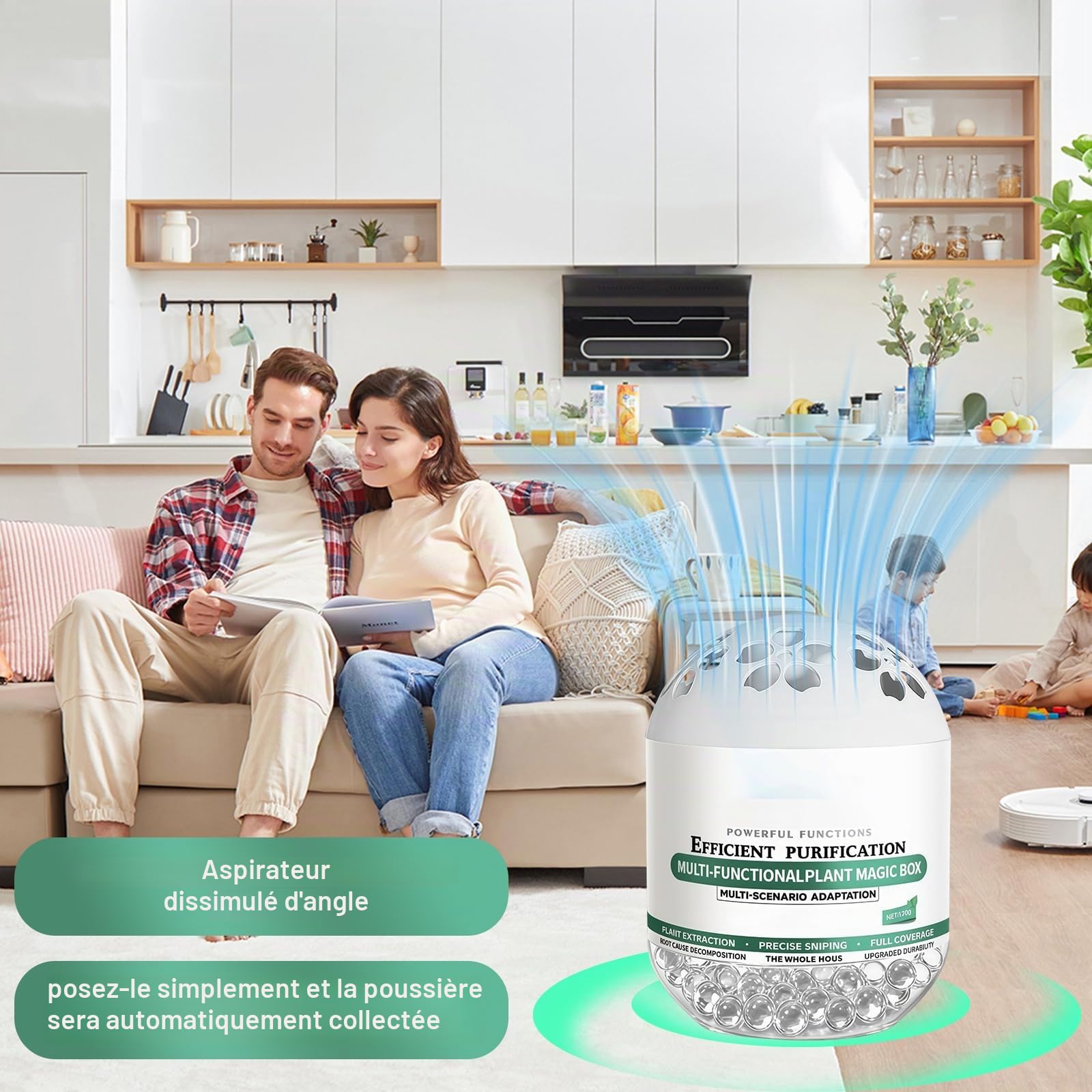Lot de 4 Boîtes Purificateur d'Air Multifonctions | Absorbeur d'Odeurs et Anti-Poussière d'Intérieur, collecte automatique de la poussière, pour Chambre, Salon, Voiture