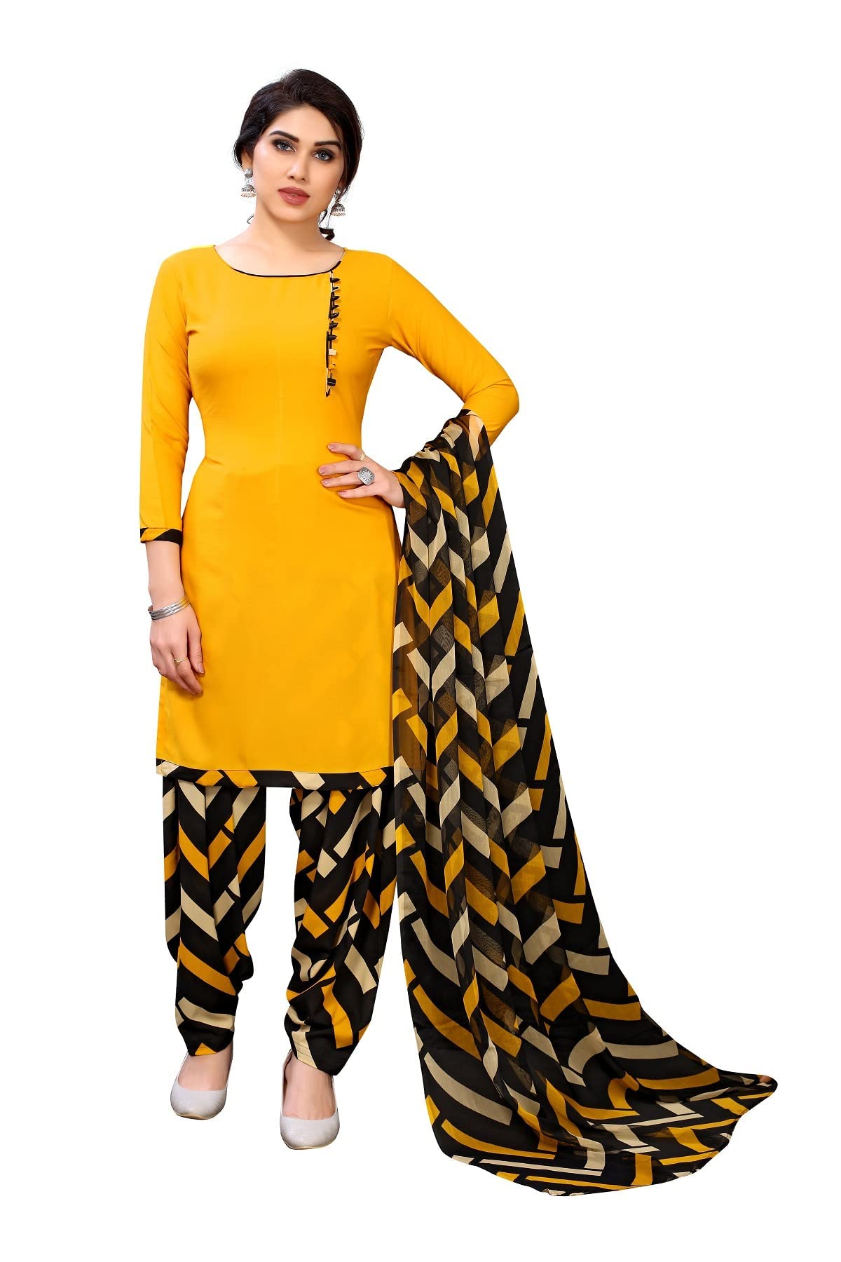 TreegoArt Fashion Dames Franse crêpe bedrukt ongestikt Salwar kostuum jurk materiaal met Dupatta voor dames -(Free Size) Red