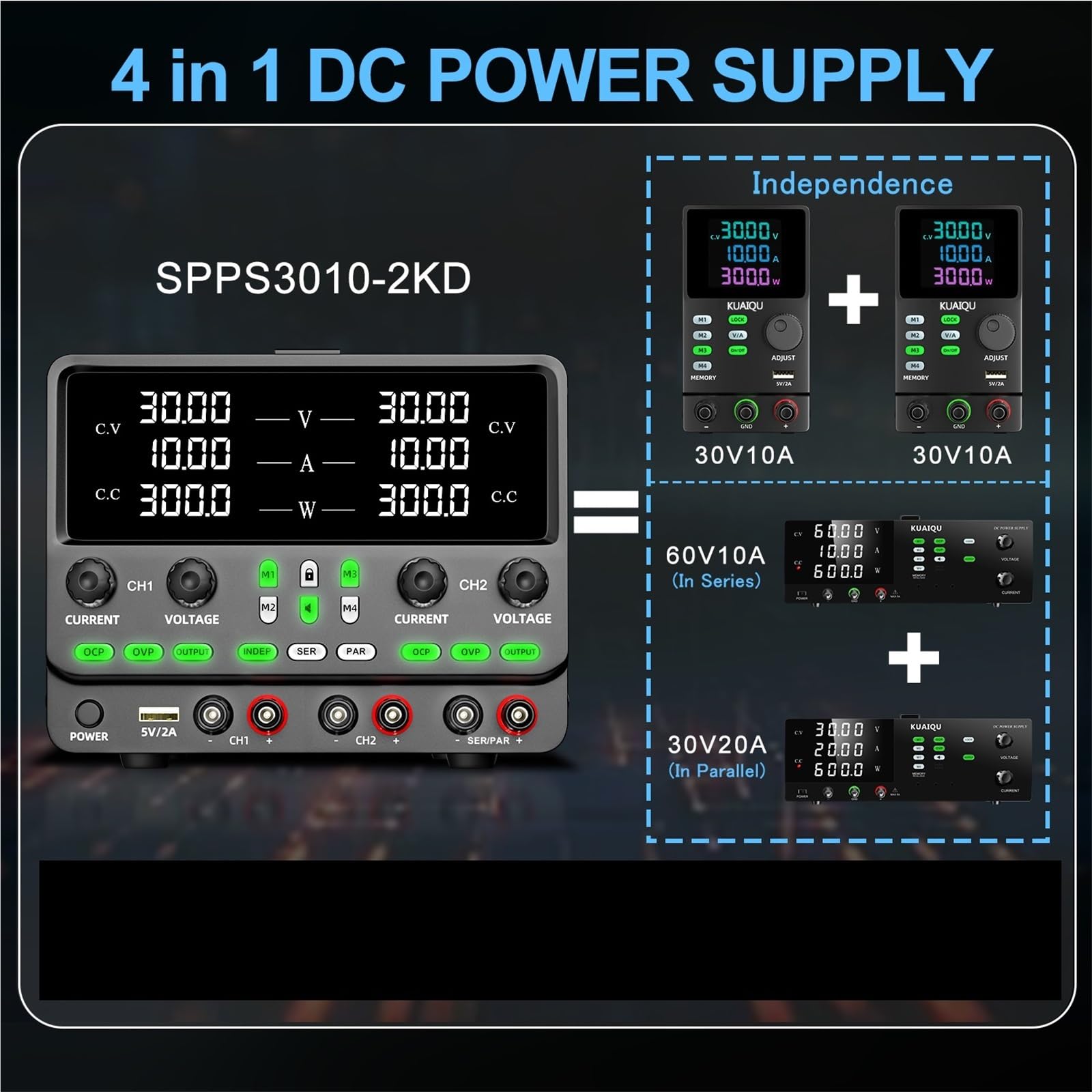 Alimentation Laboratoire, Alimentation double canal réglable à courant continu avec connexion 4 en 1 et fonctions parallèles