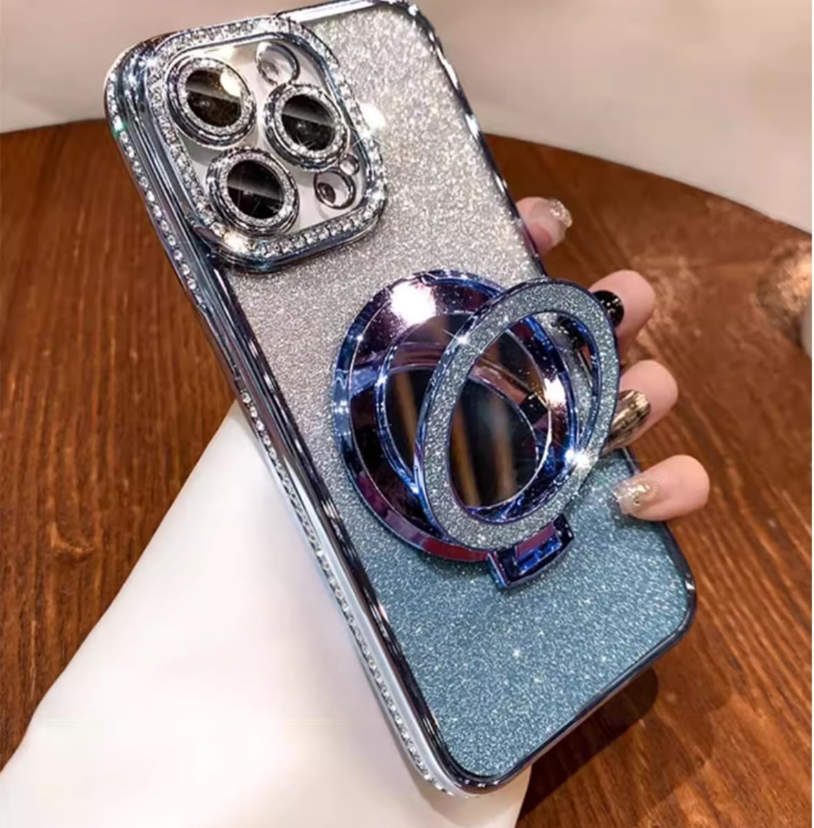 Magnetic Kickstand Glitter Case for iPhone 17 Pro,[Compatible with Magsafe] Cute Bling Sparkly Rhinestone with Camera Lens Protector&Makeup Mirror Women Girls Case for iPhone 17 Pro 6.3",Blue - Image 9