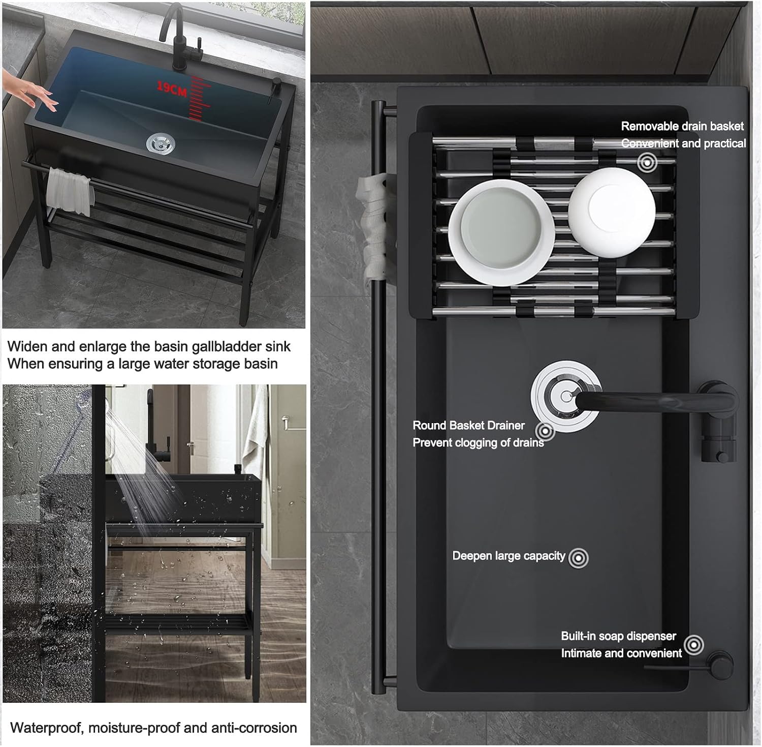 Stainless Steel Utility Sink,Laundry Room Sink 1 Compartment Hand Washing Station,Freestanding Commercial Sink with Pull-Out Faucet (80x45x86cm)