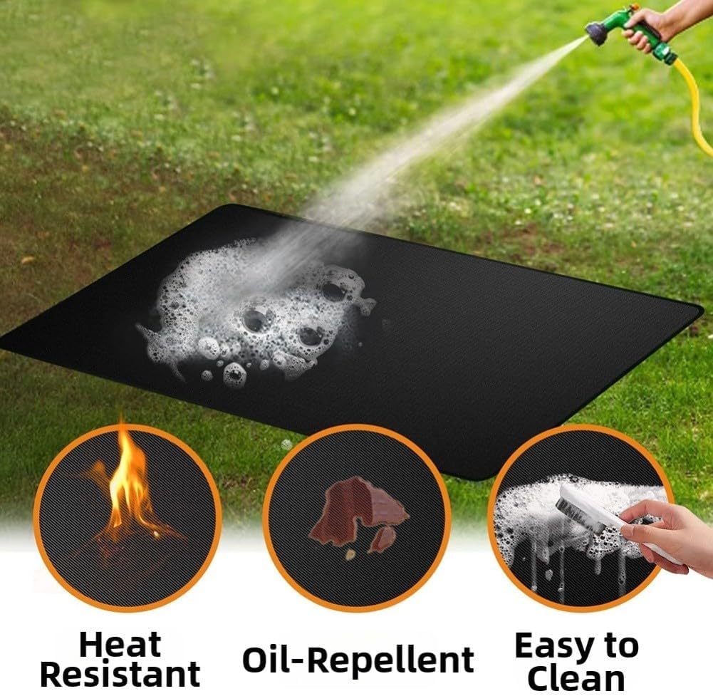 Fireproof Barbecue Stove Mat with Heat Resistant Fiberglass, Large Outdoor Flame Retardant Grill Pad for Deck, Patio, Lawn Protection, Easy to Clean Black Floor(165cm*99cm)