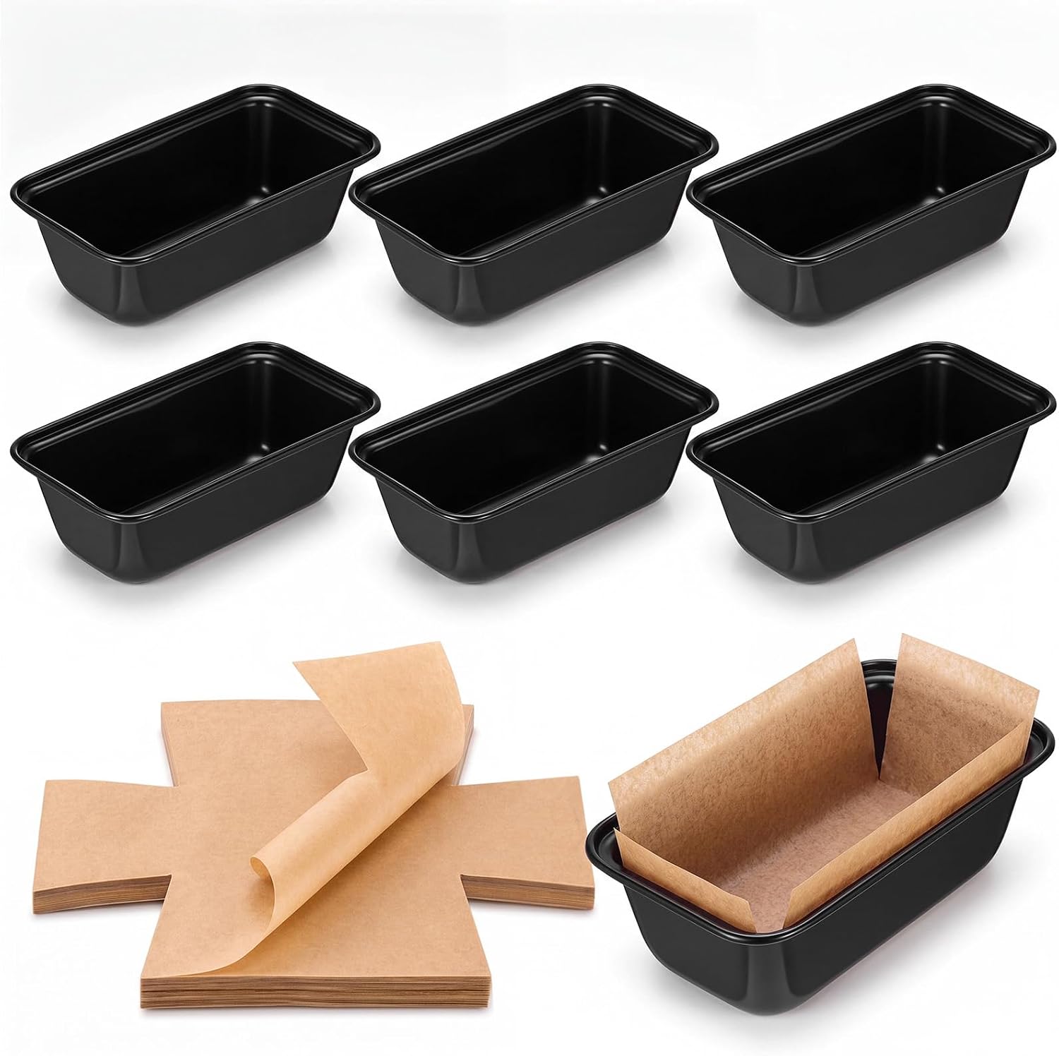 6 x 3 Loaf Pan with Liners 6 Pcs Mini Bread Pan and 100 Pcs Loaf Liners for Homemade Oven Baking Rectangular Carbon Steel Tray for Kitchen Baker Make Sourdough Banana Cake Brownies