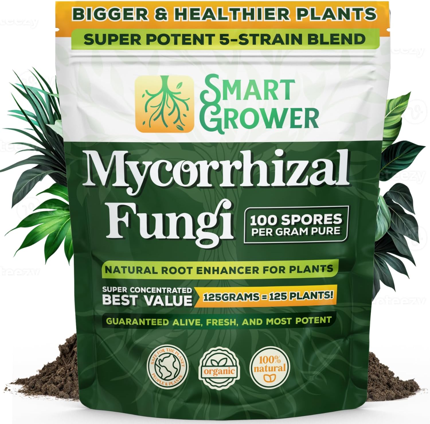 Mycorrhizal Fungi Organic Root Enhancer for Plants, Super Potent 100 Spores Per Gram, 5-Strain Blend, Rapid Results for Gardens, Houseplants, Lawns, Mycorrhizae Smart Grower 125 Grams for 125 Plants