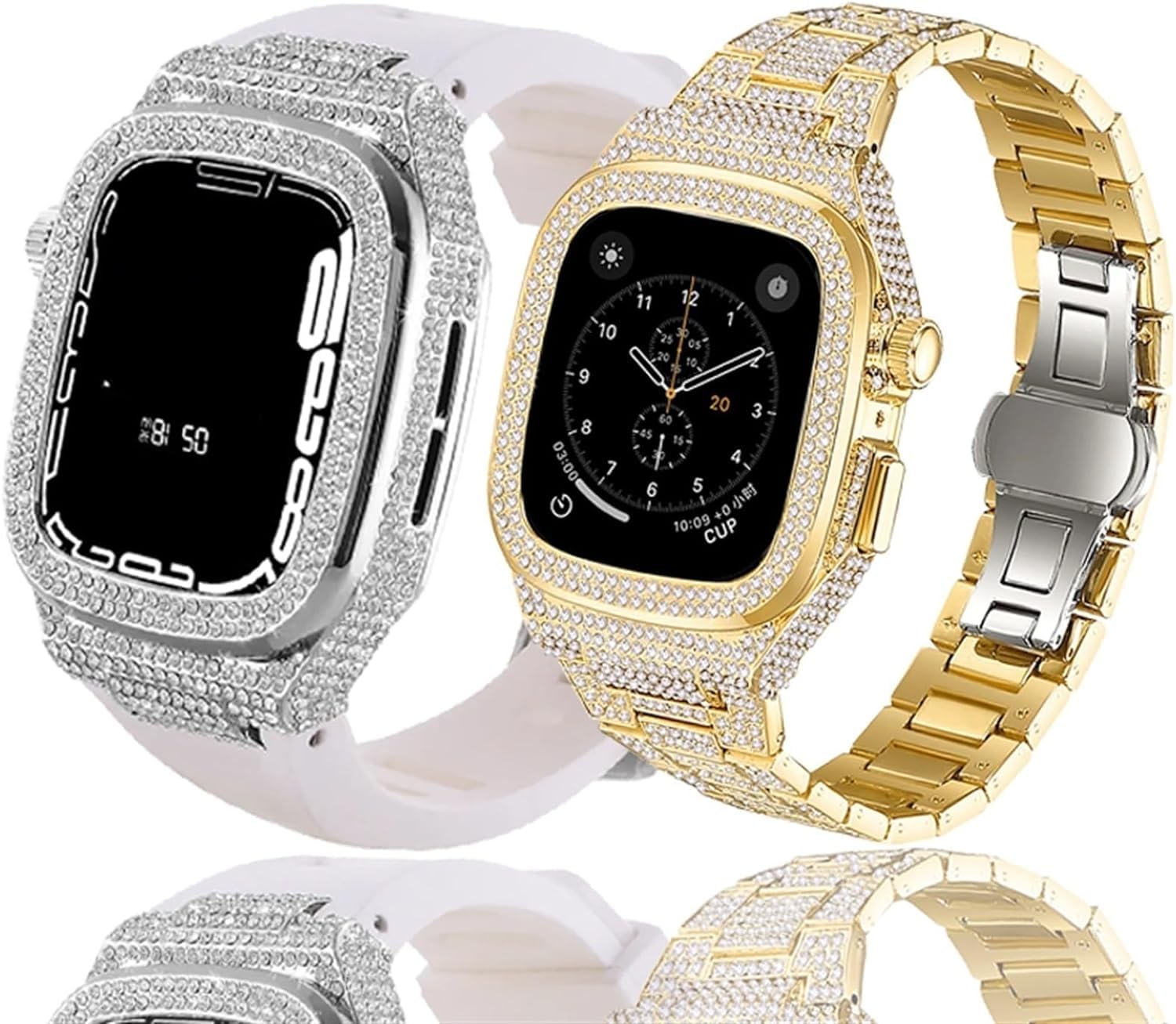 JDIME Kit de bracelet de montre en métal diamant pour Apple Watch Ultra 8 7 6 5 4 SE Series 44 mm 45 mm, accessoires de rechange avec outil