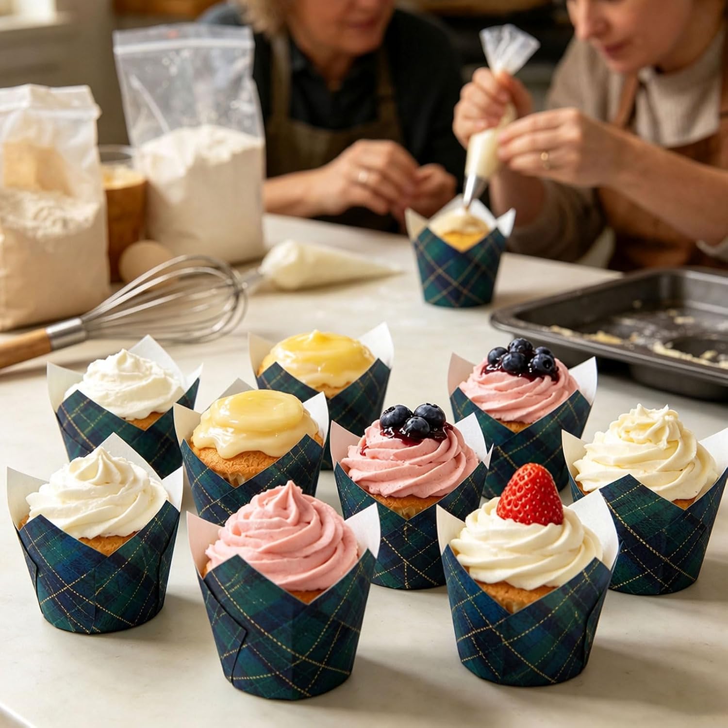 AnyDesign 200 Pcs Plaid Cupcake Liners Green Blue Tartan Muffin Tulip Baking Cups Cupcake Wrappers for Wedding Bridal Baby Shower Birthday Christmas Holiday Party Supplies Table Decor