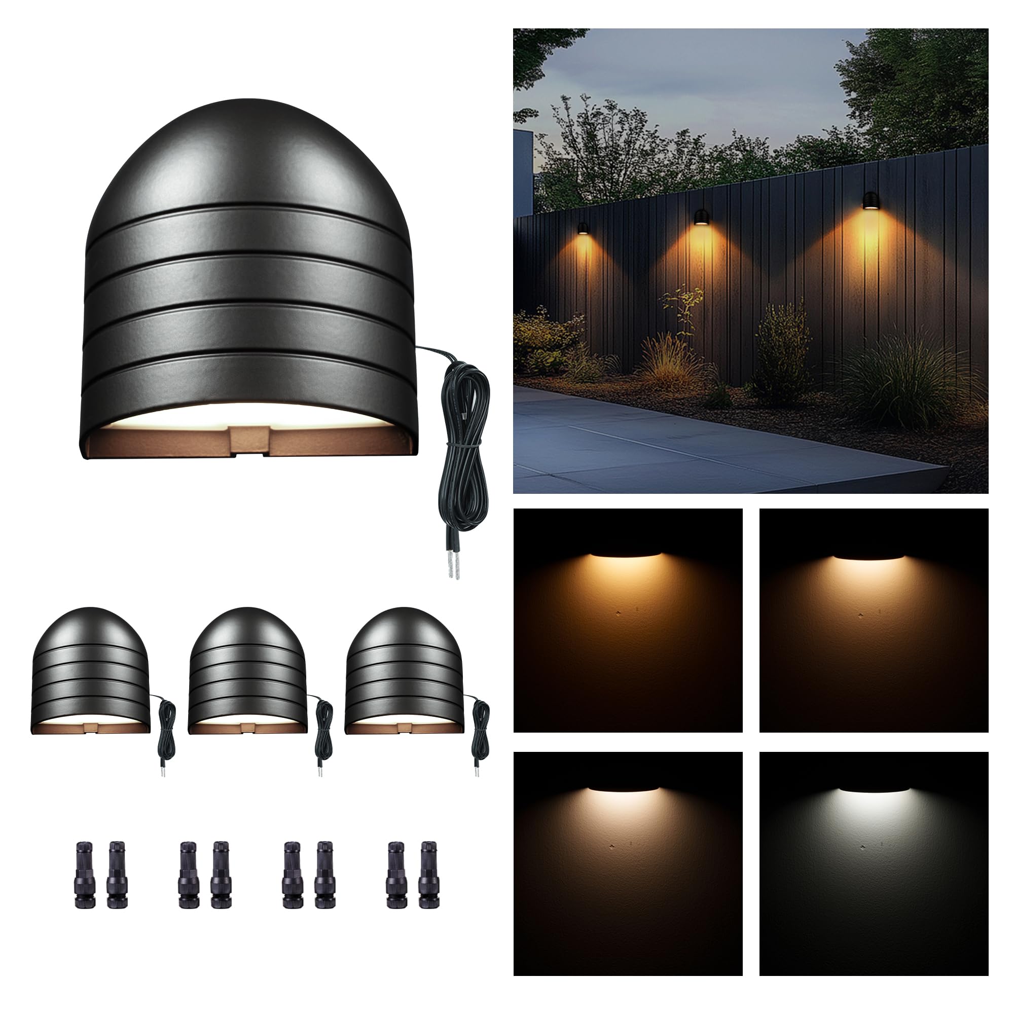 Low Voltage Landscape Deck Lights - 12V Step Lights LED Outdoor, Warm White &amp; Daylight White Adjustable, IP65 Waterproof Hardwired Black Aluminum for Yard Wall Fence Railing 4 Pack