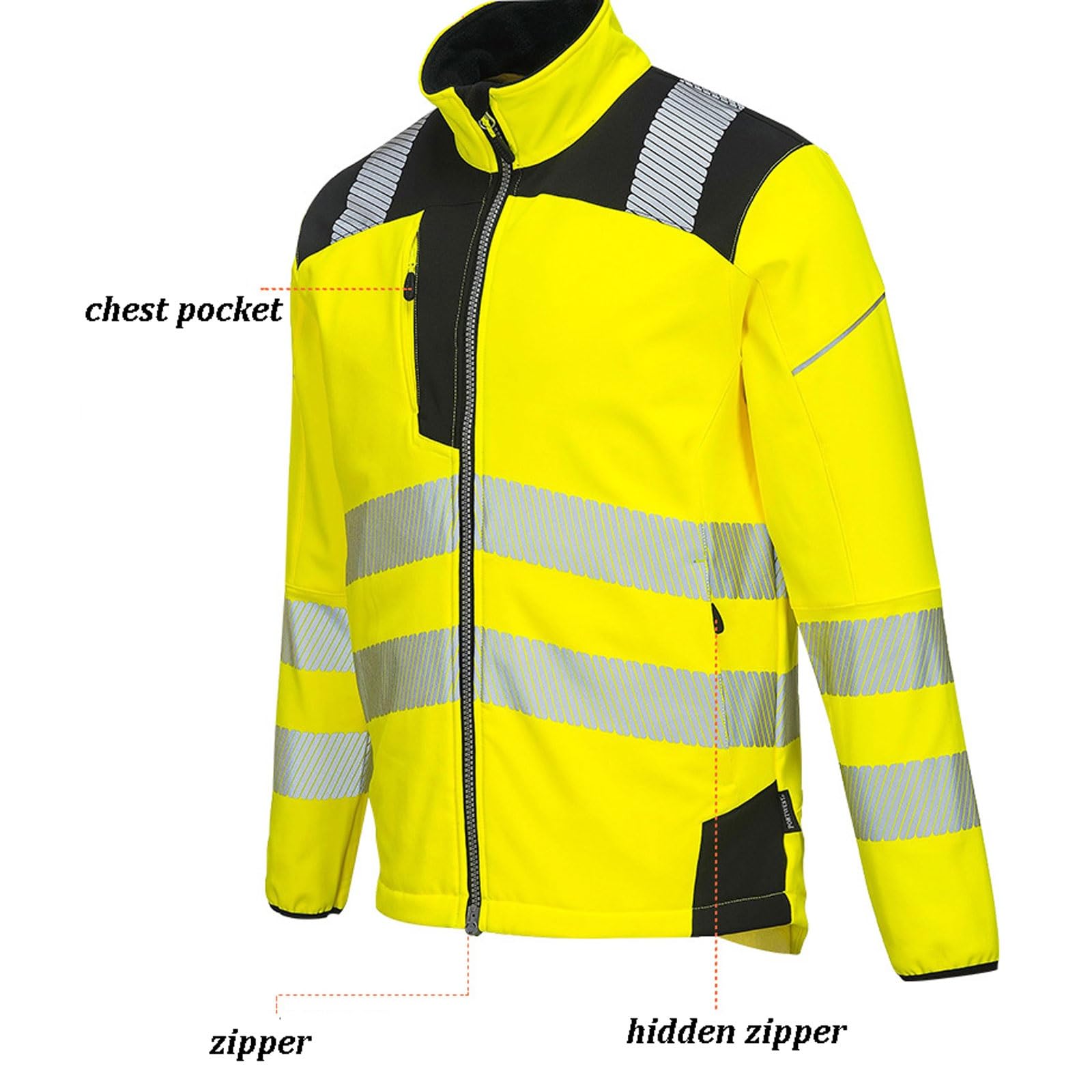 High Visibility Softshell Reflective Jacket, Men's Work Safety Jacket with Pockets & Zippers, Durable Workwear Coat chaleco reflectante