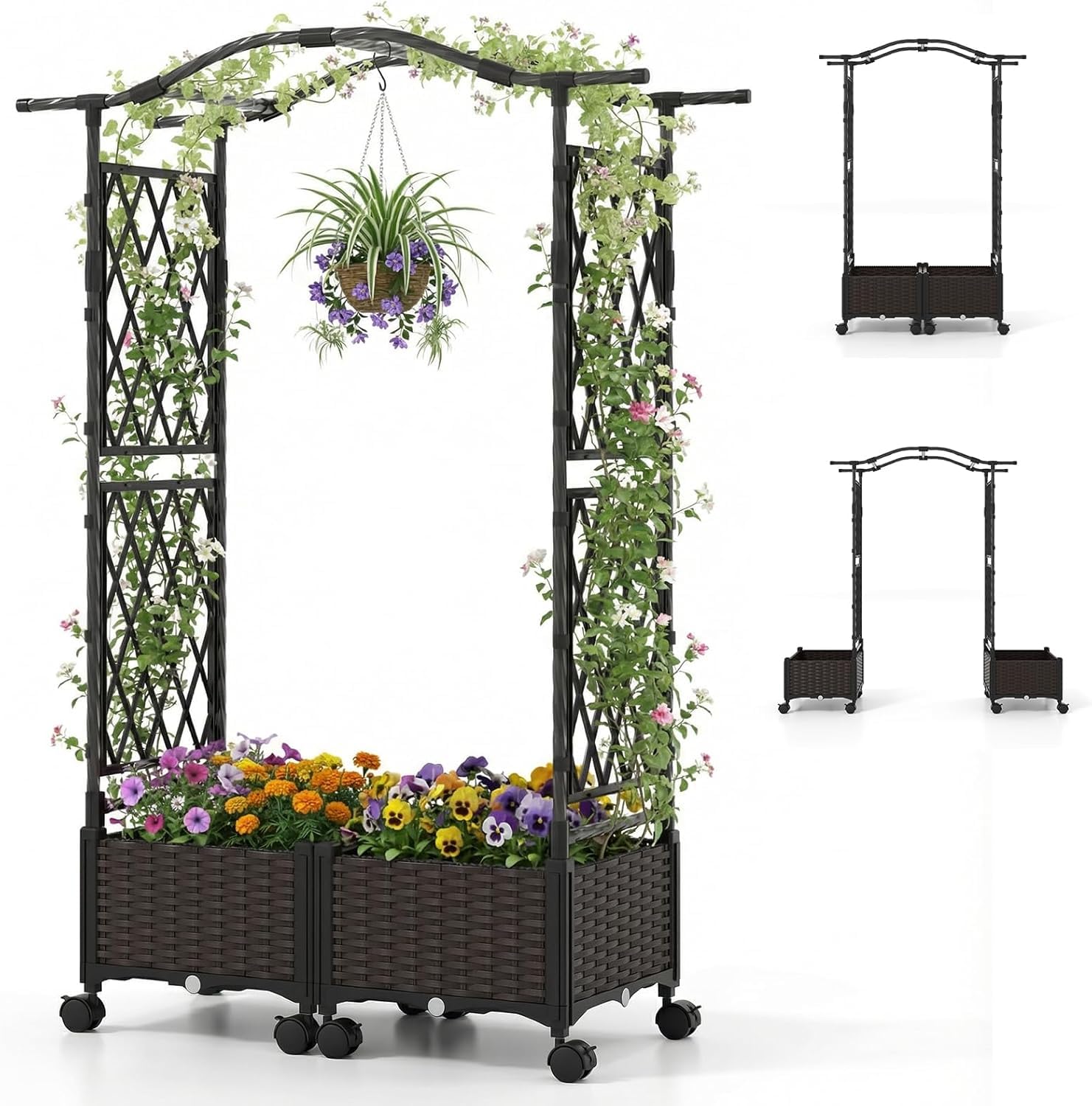 RELAX4LIFE Arco de Jardín con 2 Macetas, Jardineras con Arco Superior, Enrejado para Plantas Trepadoras con Ruedas, Sistema de Auto-Riego, para Flores, Hierbas Aromáticas y Plantas Trepadoras