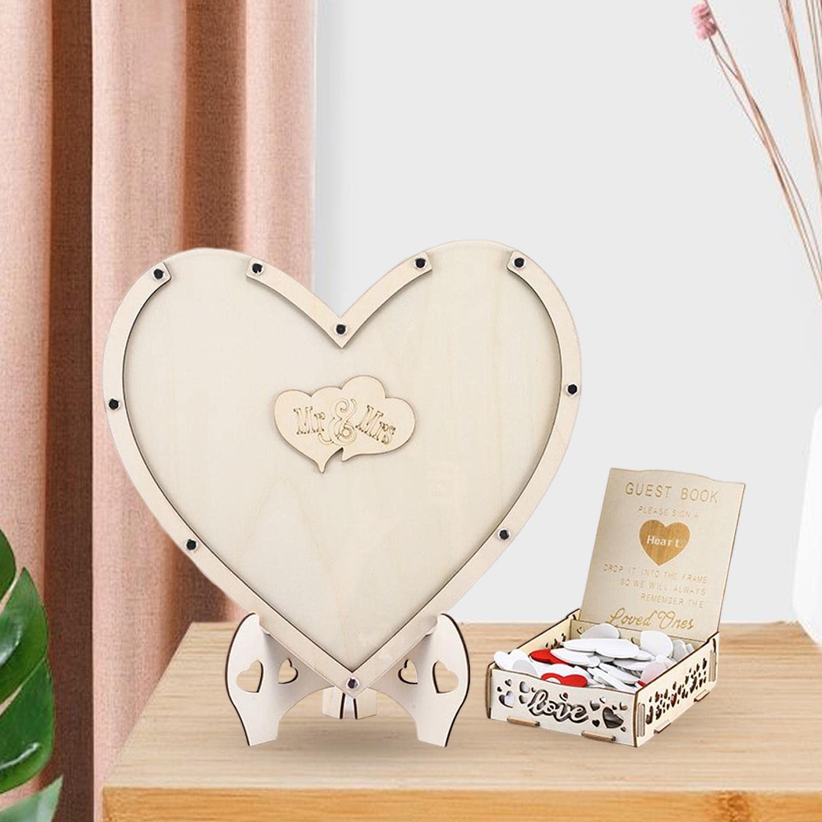 Libro de Firmas para Bodas en 3D con Marco de Madera en Forma de Corazón Y 80 Corazones de Madera para Aniversario.