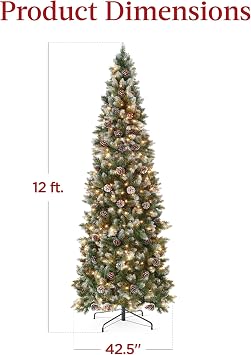Best Choice Products 12ft Pre-lit Pencil Christmas Tree Pine w/Twinkling LEDs Partially Flocked Frosted Slim Holiday Decoration Skinny Xmas Tree, 700 Lights, 1,818 Frosted Tips, 128 Pine Cones, Stand