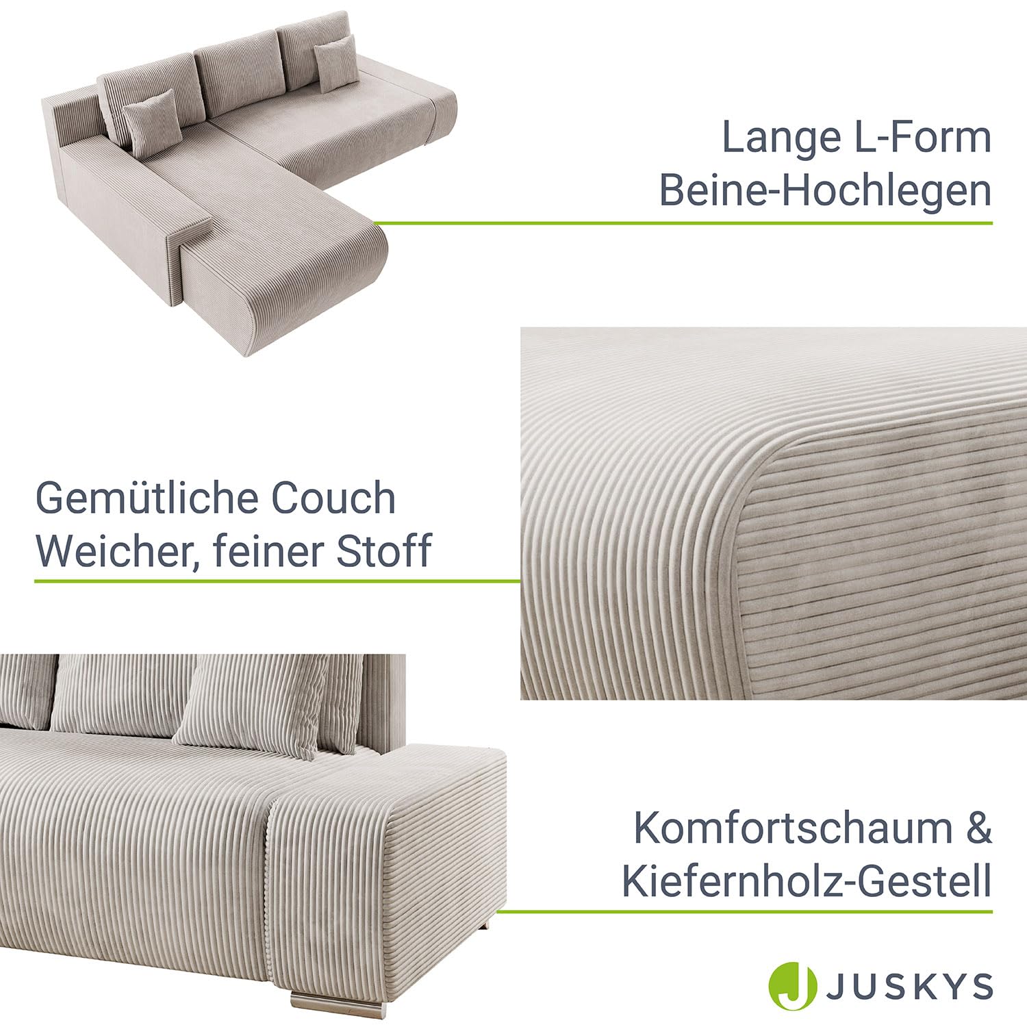 Juskys Sofa Iseo Links mit Schlaffunktion - Stoff Couch L Form für Wohnzimmer, bequem, ausziehbar - Schlafsofa Ecksofa Eckcouch Schlafcouch Beige
