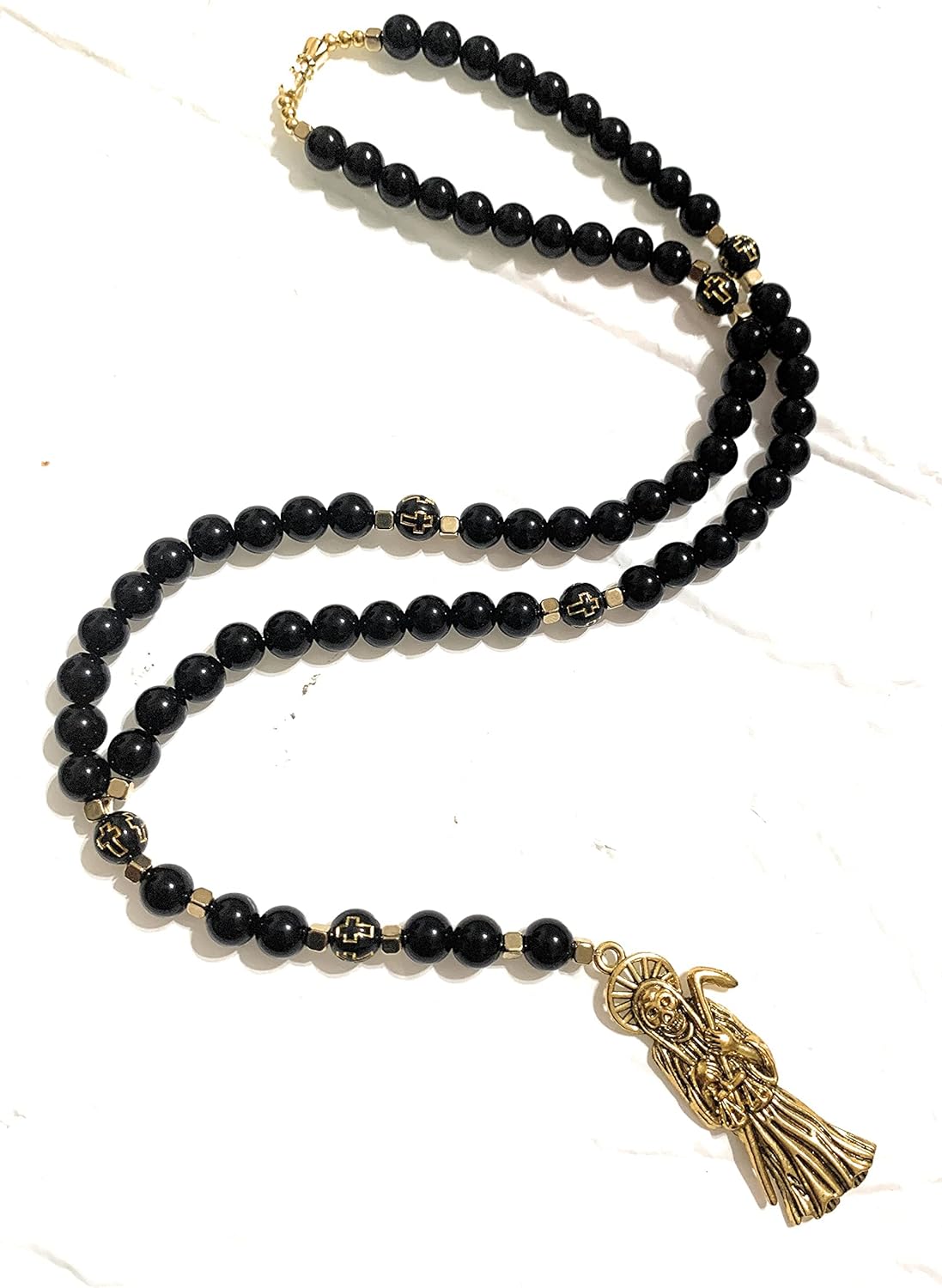 Acrylic Holy death's necklace, rosary style. Collar de la Santa Muerte de acrilico estilo rosario. Grim reaper Y style necklace. - Image 2