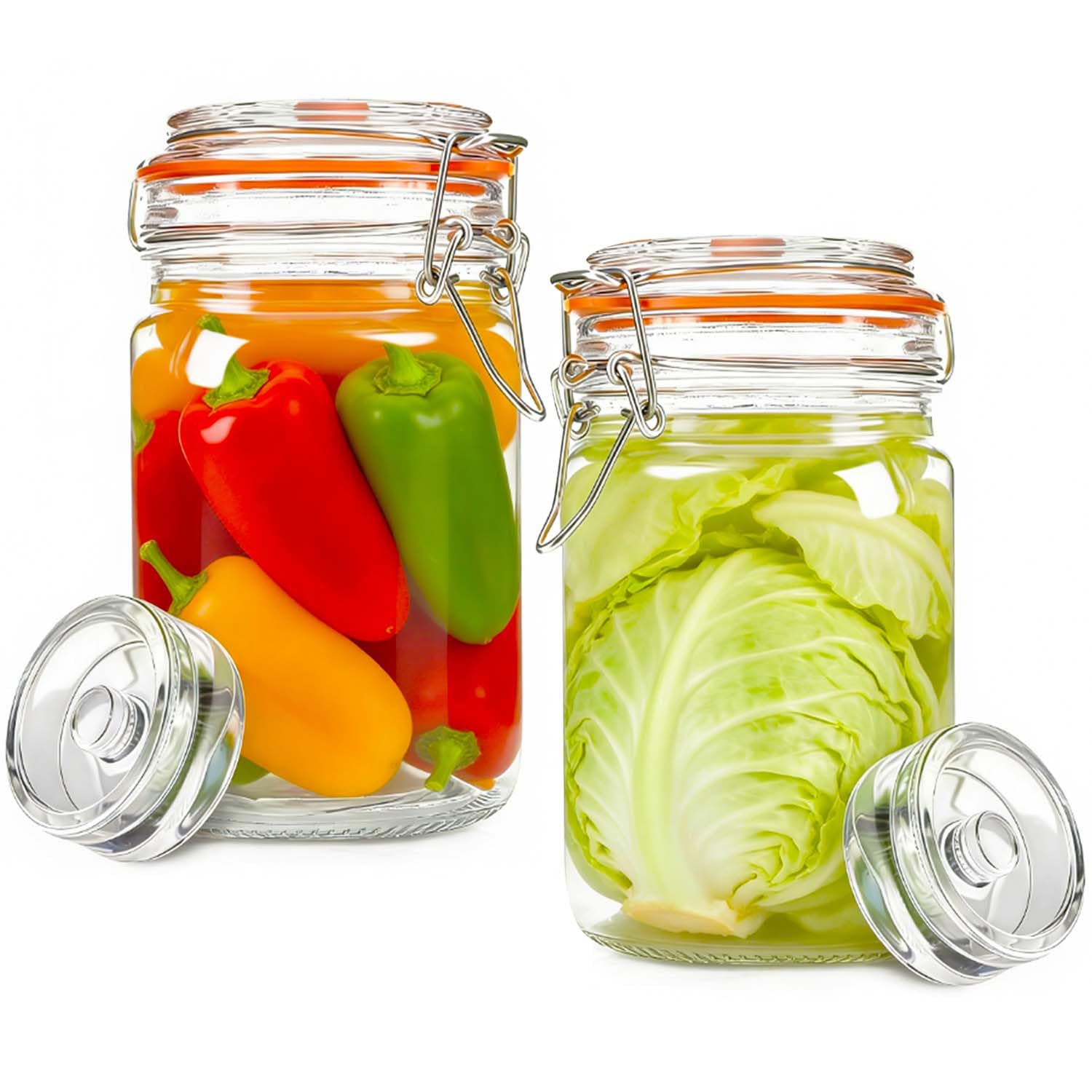 2 bocaux de fermentation de 1,5 L, avec valve et poids, pour la fermentation et la préparation de choucroute, kimchi, kombucha et cornichons,Transparents