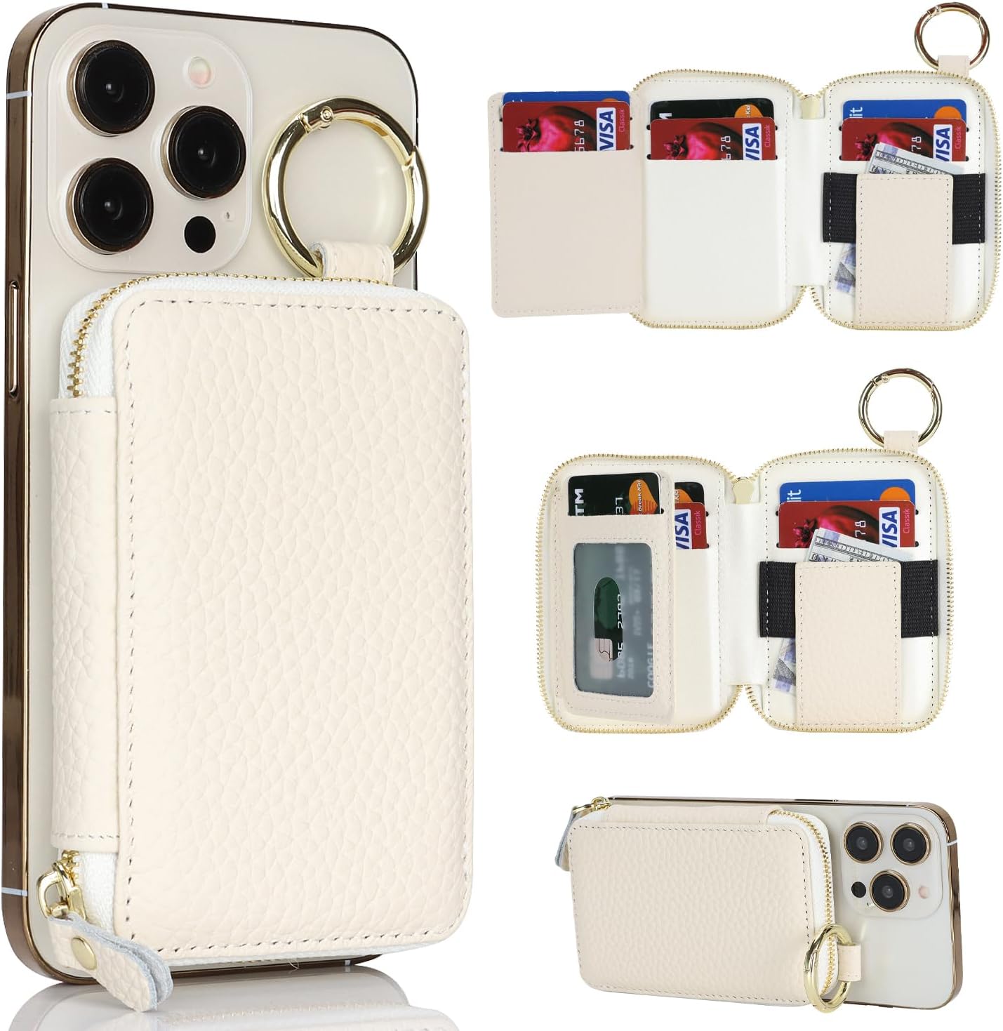 Cavor Compatible with MagSafe Wallet Genuine Leather Cash Wallets for Women, Magnetic Phone Wallet for iPhone 17 Pro Max/16/15/14/13/12, id Credit Card Holder with Mag safe Keychain-White