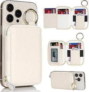 Cavor magsafe カード入れ 手帳型 財布型スタンド機能 ジッパーmagsafe 小銭入れ iPhoneカードケース 小銭入れ magsafeスタンド カード収納 落下防止 キーリング付き 取り外し可能 本革 for iPhone 17 Pro Max/17 Pro/Air/17、iPhone 16/15/14/13/12に対応(iPhone 16eは対応していません)-アイボリー