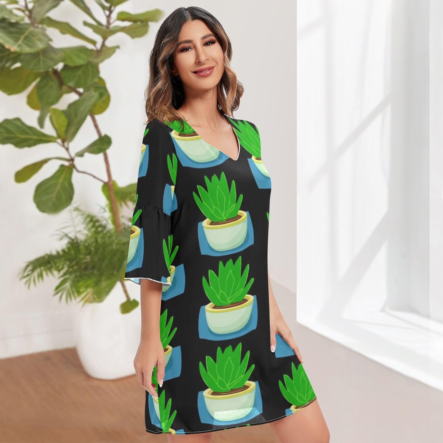 Potted Green Succulent Plants V Neck Line Dress 3/4 Sleeve Hawaiian Print Dress S-XXL