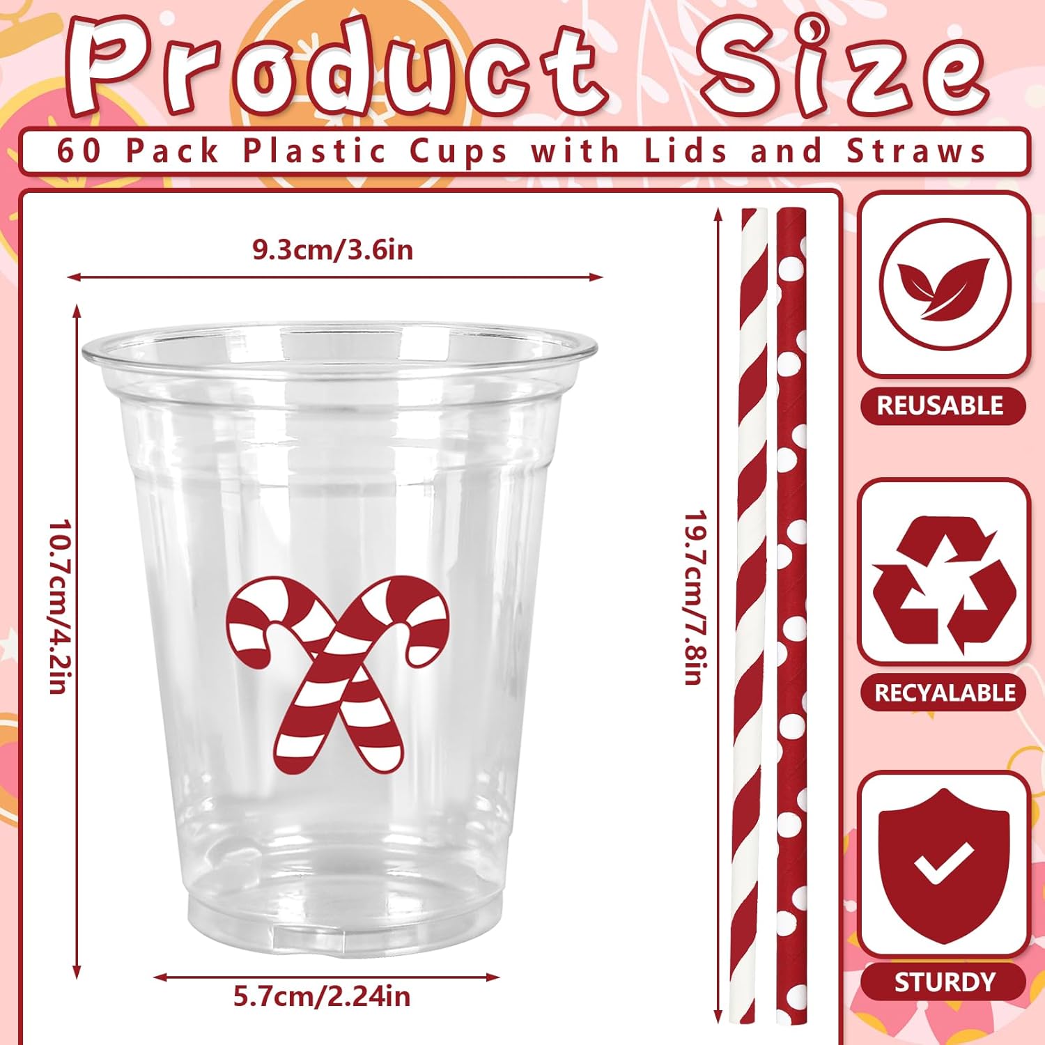 JarThenaAMCS 60Pcs Christmas Plastic Cups with Lids Straws Drinking Cup 12oz Gingerbread Man Candy Cane Disposable Cups for Xmas Winter Holiday