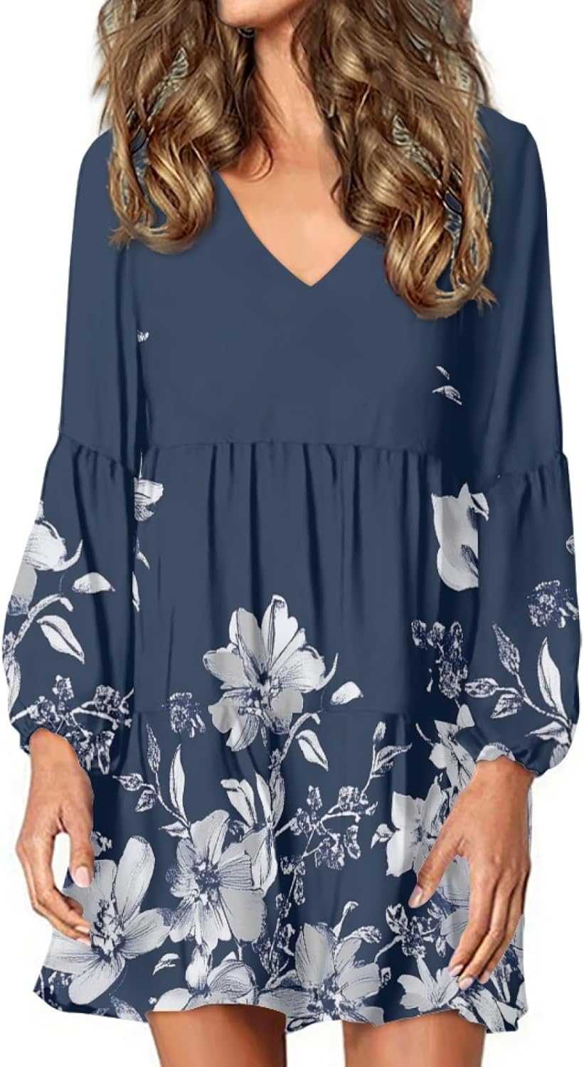 Floral Dress for Women Lantern Sleeve V Neck Plus Size Smocked Swing Flowy Ruffle F...