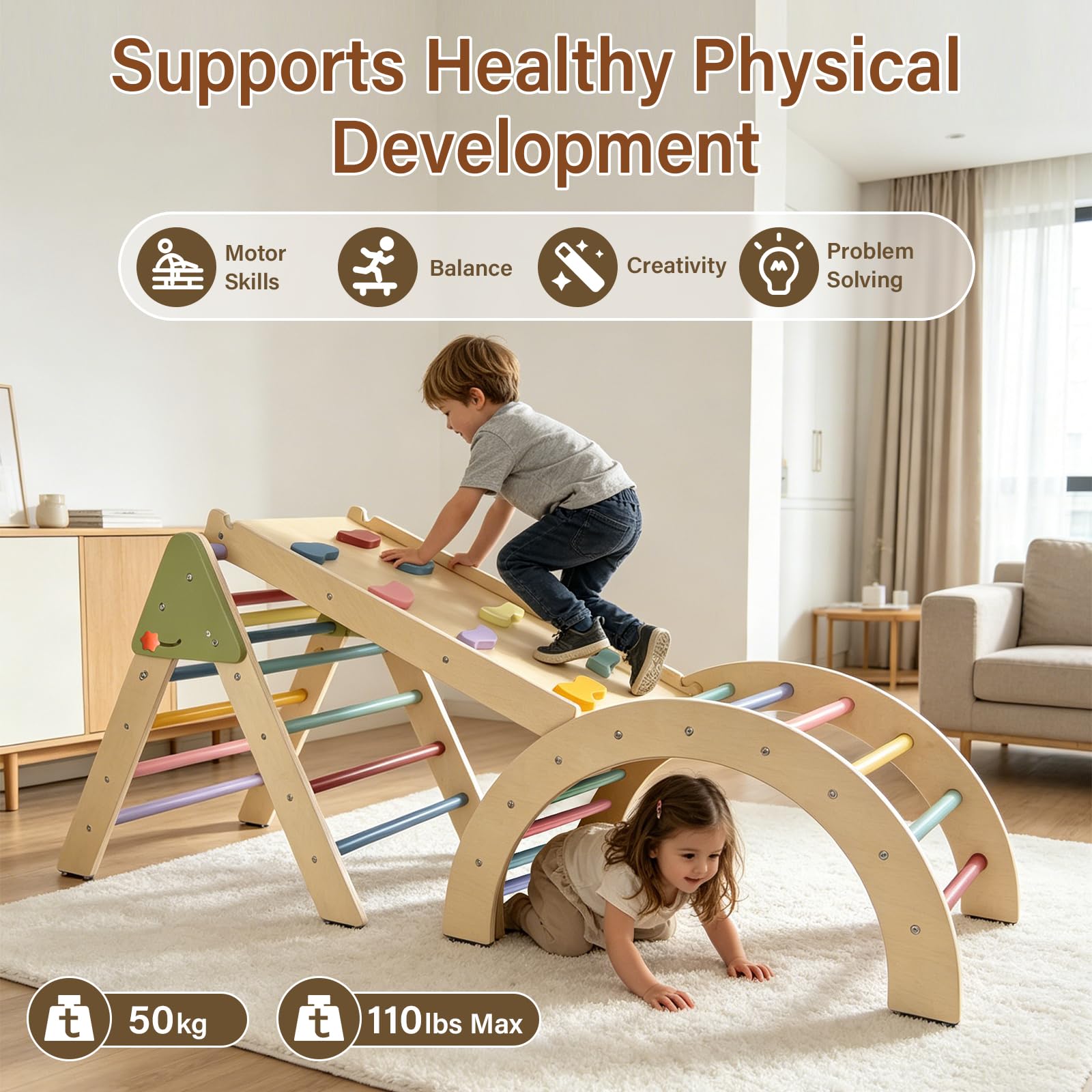 7 in 1 Montessori Klettergerüst Set Kinder ab 18m+ Holz Pikler Dreieck Baby Indoor Spielset Kletterdreieck mit Rutsche, Bogen, Leiter faltbar Spielplatz Geschenk für Kleinkinder Jungen und Mädchen 1-3