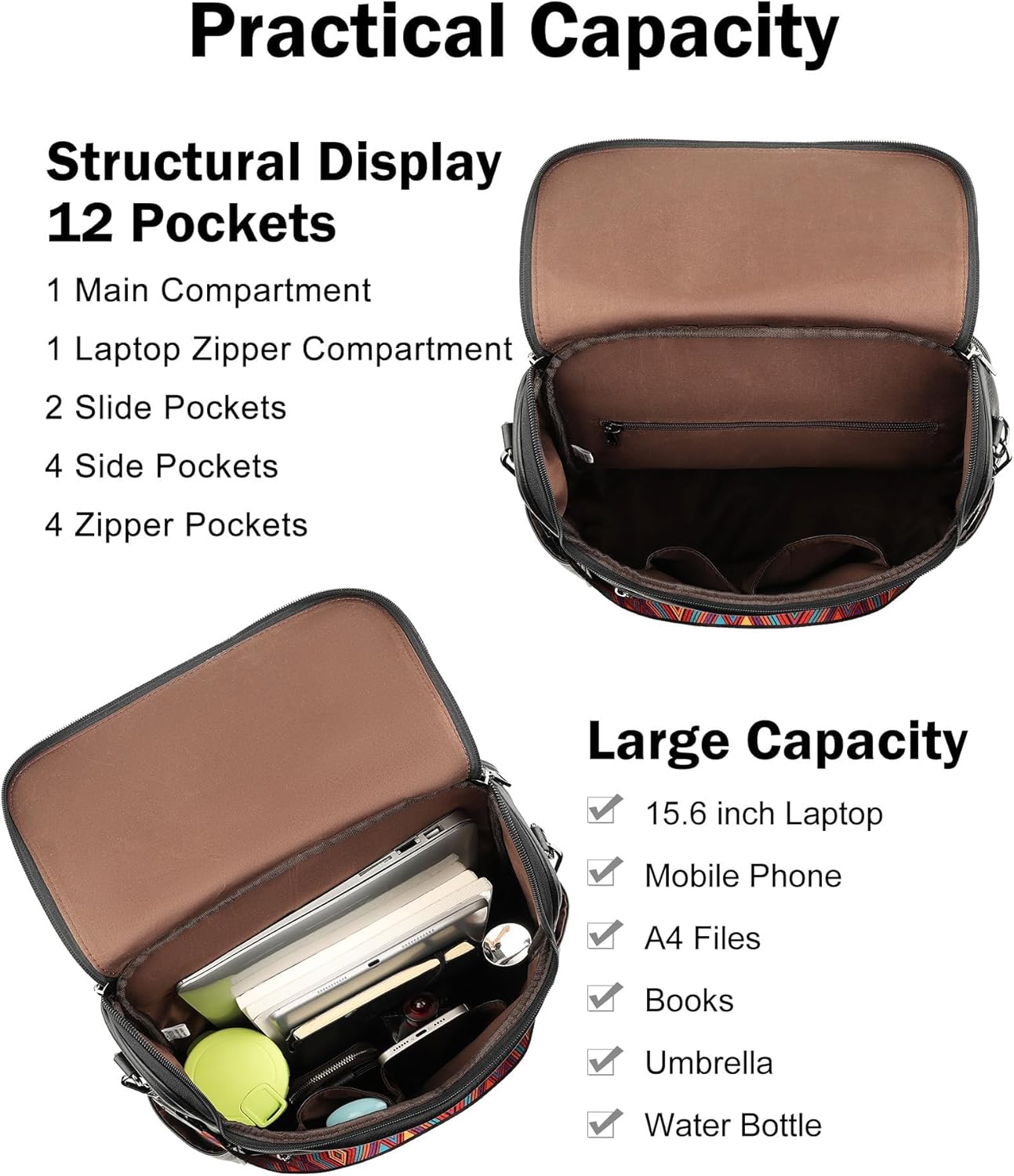 FADEON Laptop Backpack for Women Leather Travel Backpack with Laptop Compartment, Designer PU Shoulder Laptop Bag Black - Image 4