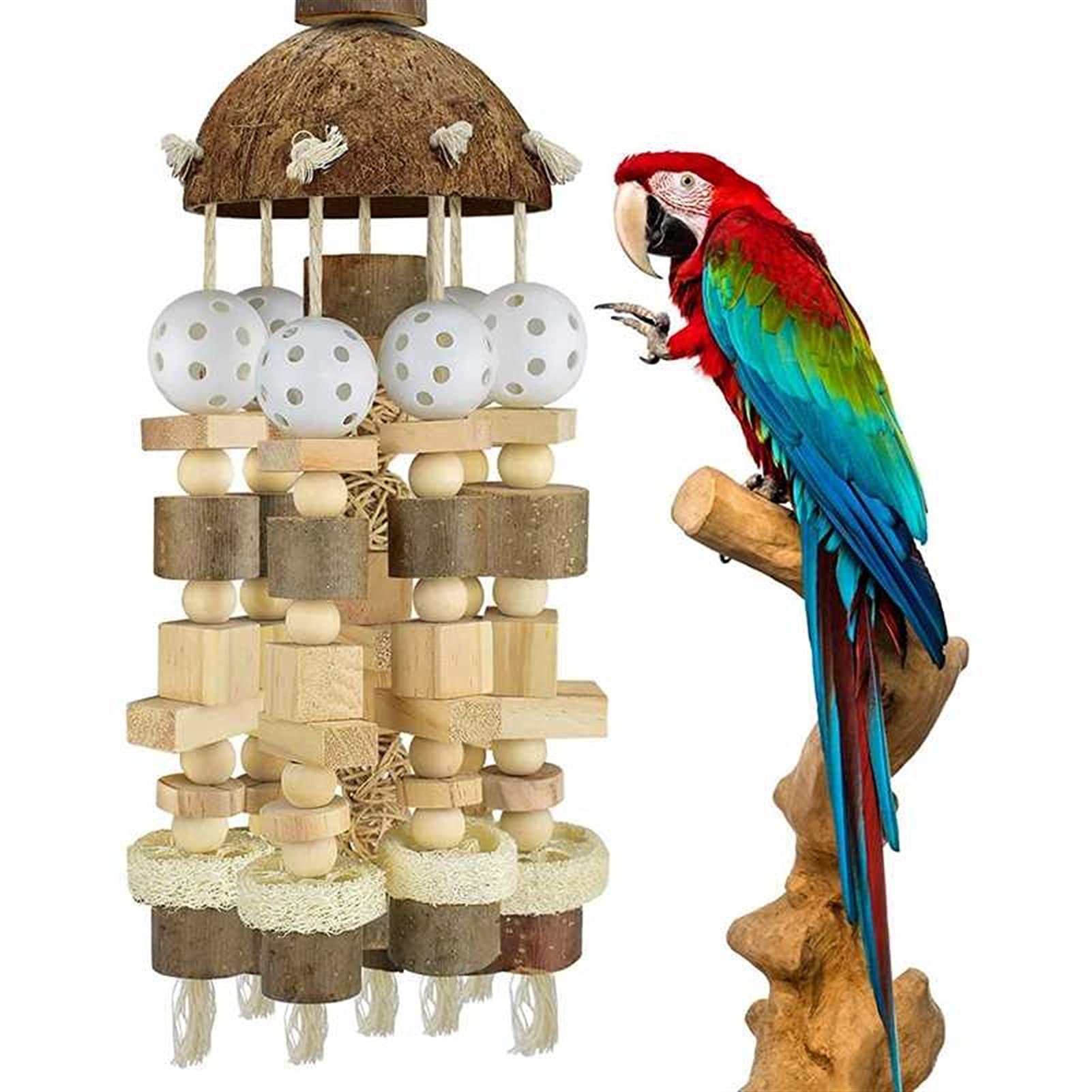 Juguete para pájaros, juguete práctico para pájaros, juguete para loro, grandes bloques de madera natural, juguetes para morder jaulas para loros, macaws