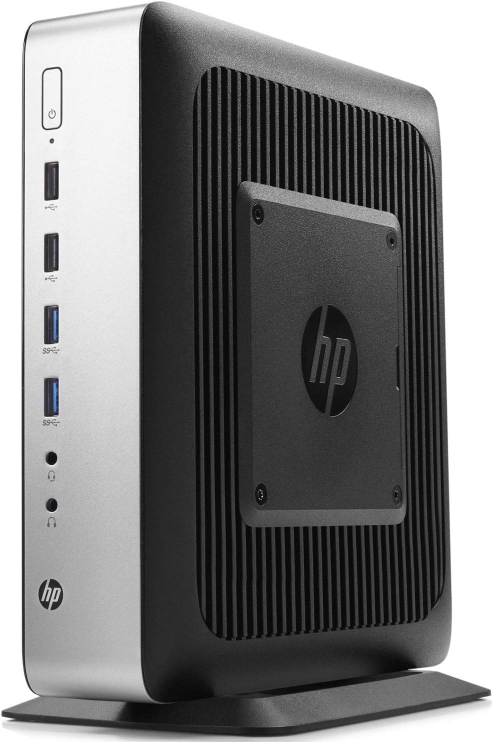 Angolat view of the HP T730 Thin Pro showing its compact size and VESA mounting plate.