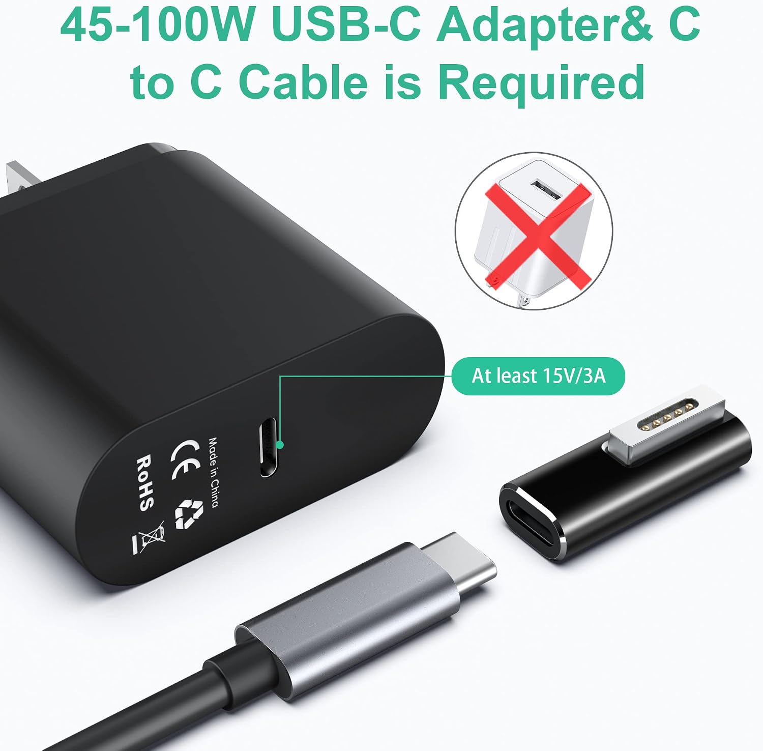 AGVEE [1 Pack USB-C to Magnetic T-Tip Adapter, Type-C PD 100W Power Fast Charging Converter Connector Replacement for MacBook Pro Air (2013-2015) T-Head, Black