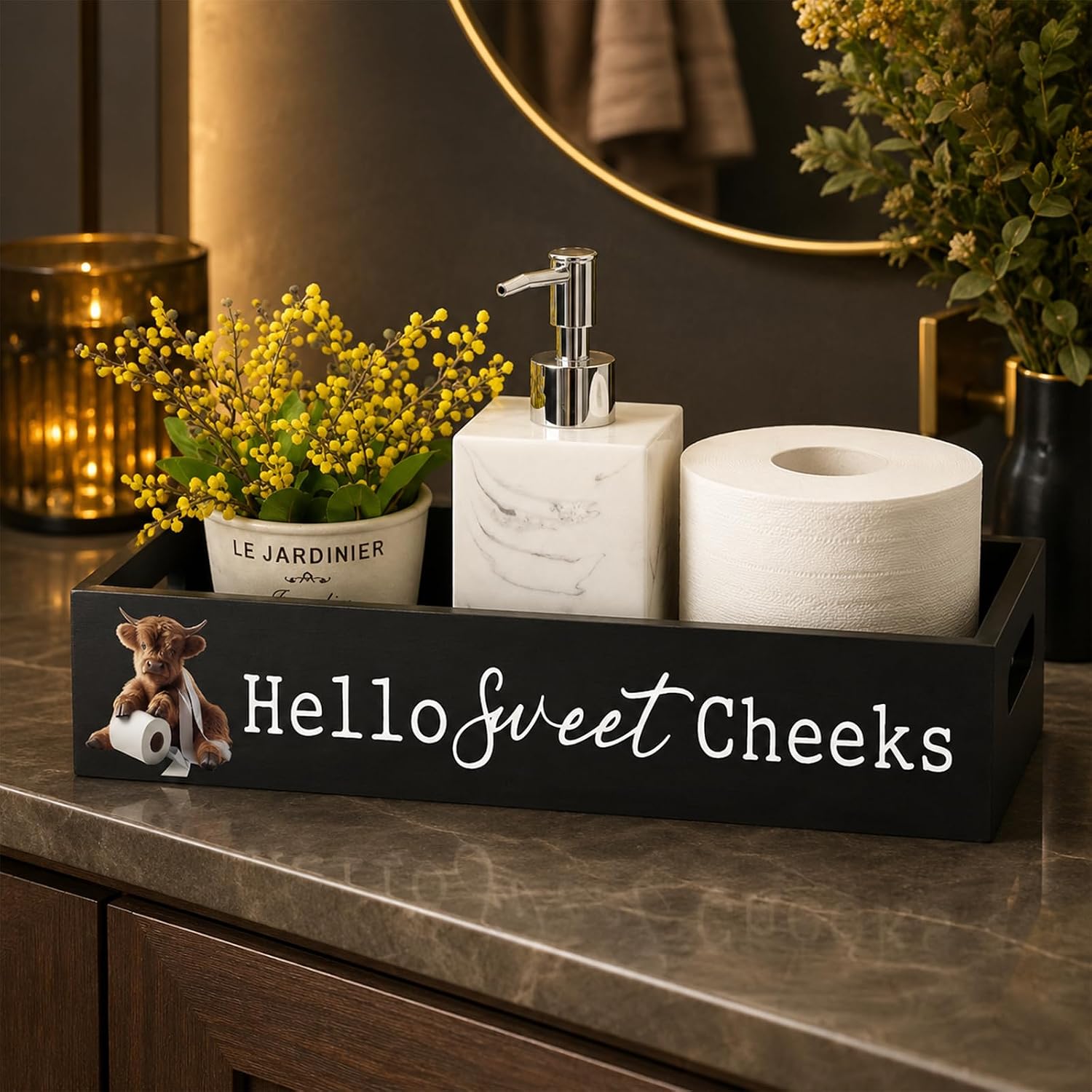SiliFine Highland Cow Black Bathroom Basket Hello Sweet Cheeks Wooden Toilet Tank Paper Box with Handle for Organizing Funny Back of Toilet Storage Organizer for Farmhouse Bathroom Decor