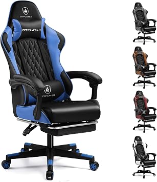 GTRacing Gaming Chair, Office Chair, Desk, PC Chair, Telework, 145  Reclining, Ottoman Included, Game Chair, High Back, Lumbar Support, Built-in Pocket Coil, PU Leather Blue