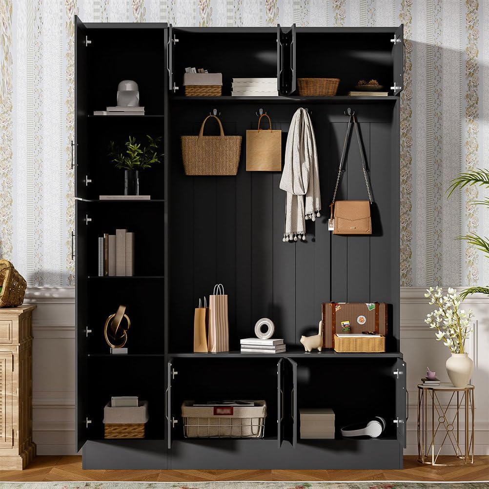 Entryway Hall Tree with Bench, Coat Rack & Storage Cabinets, Modern Hallway Organizer with 4 Hooks, Adjustable Shelves, and Shoe Storage, Wood Mudroom Furniture, 59''W × 15.7''D × 79''H,Black