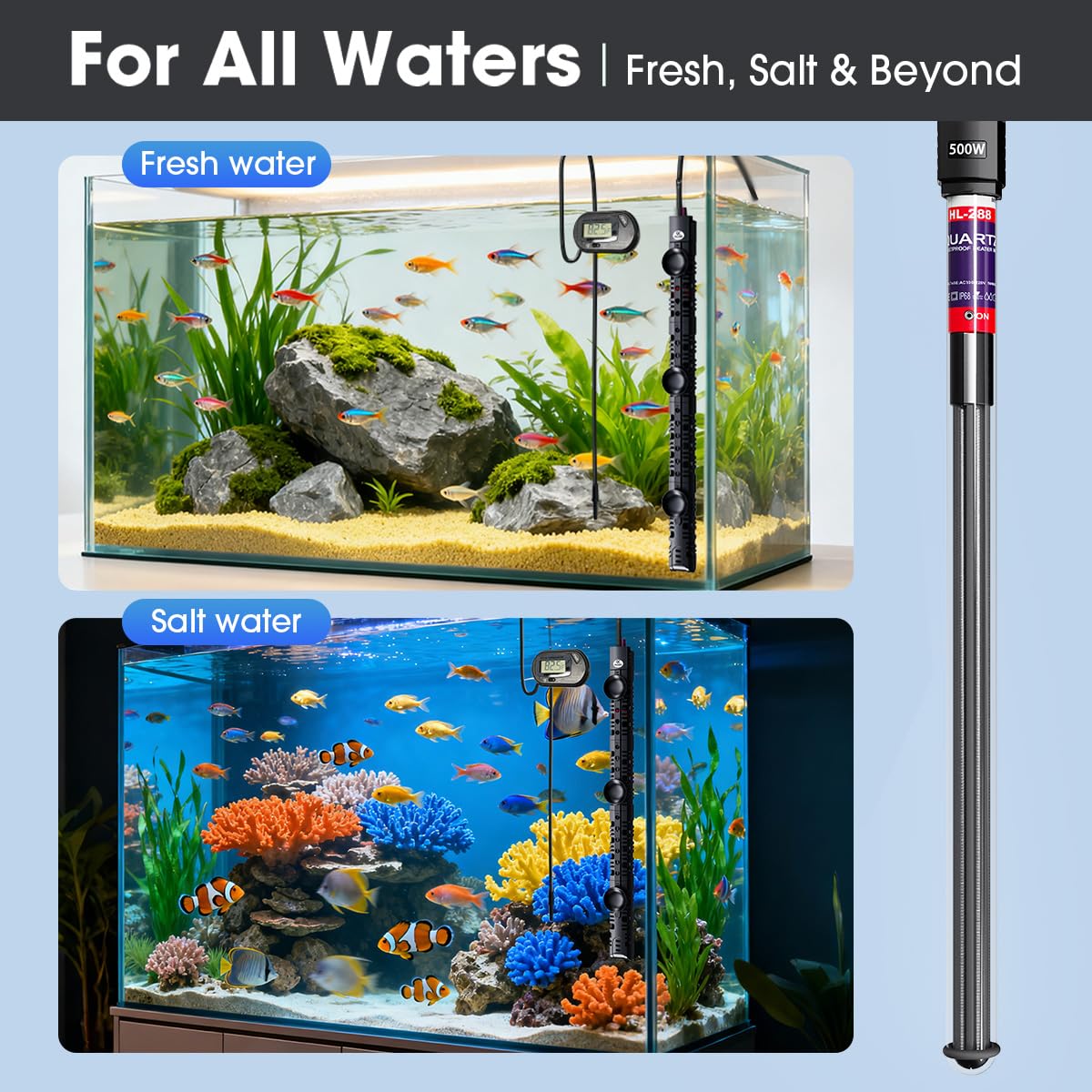 MQ Submersible Aquarium Heater Auto Thermostat, 500W Fish Tank Heater with LCD Digital Aquarium Thermometer, Shatter-Proof and Blast-Proof