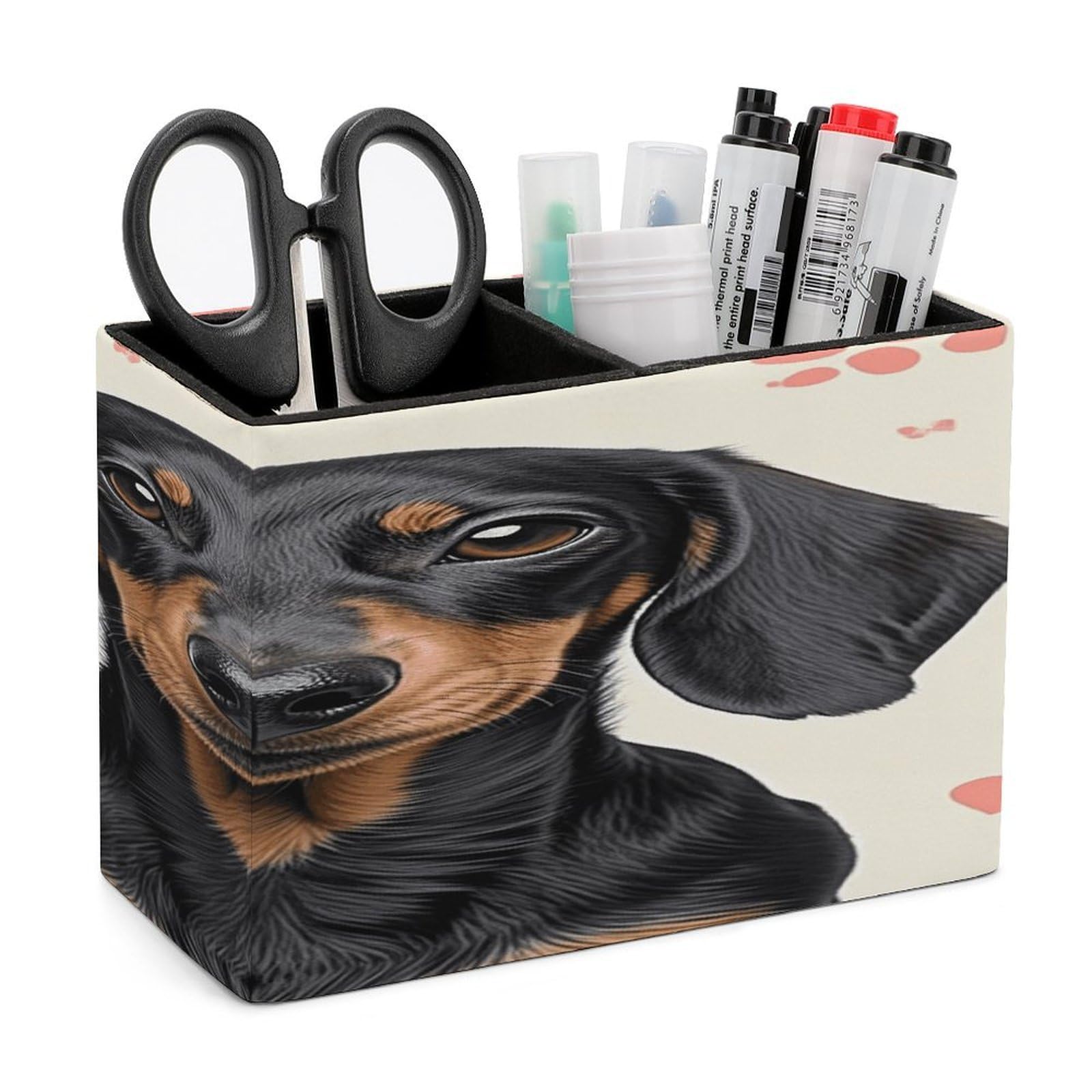 VstaDank Dachshund Paw Print Pencil Holder for Desk Organizer 2 Compartments Pen Cup Leather Square Pen Holder Pencil Cup Stand Makeup Brush Holders for Desktop Organizer Storage Case