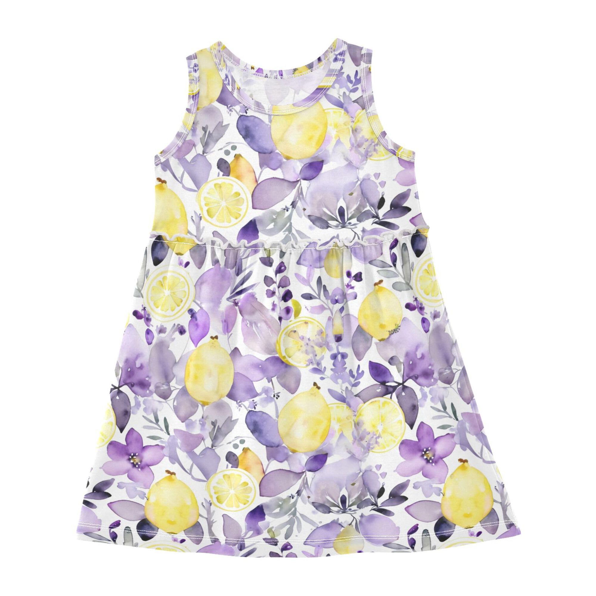JUNZAN Lavander Lemons French Purple Love Floral Girls Casual Dresses Ruffle Hem Midi Dress Summer Active Playwear 2T