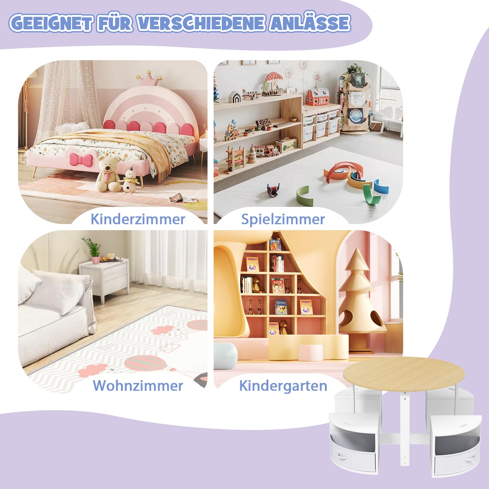 DREAMADE Kindertisch mit 4 Stühlen, Kindersitzgruppe mit 4 Hockern & 4 Stoffboxen, Kinder Tisch Stuhl Set, Kinder Maltisch Aktivitätstisch Set Kindermöbel für Kinderzimmer, Spielzimmer (Natur)